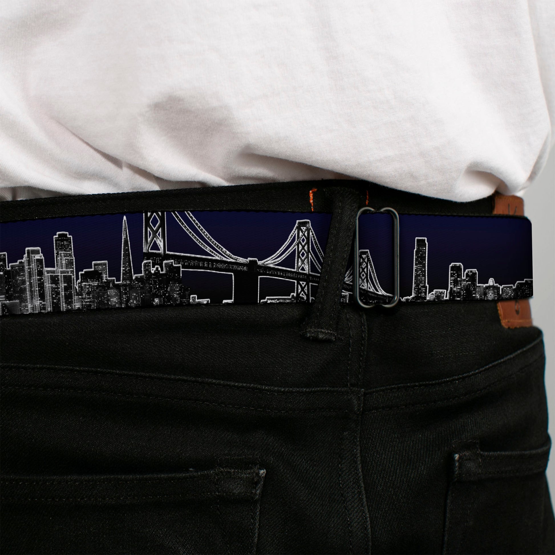 BD Wings Logo CLOSE-UP Full Color Black Silver Seatbelt Belt - San Francisco Vivid Skyline Midnight Blue Webbing Seatbelt Belts Buckle-Down