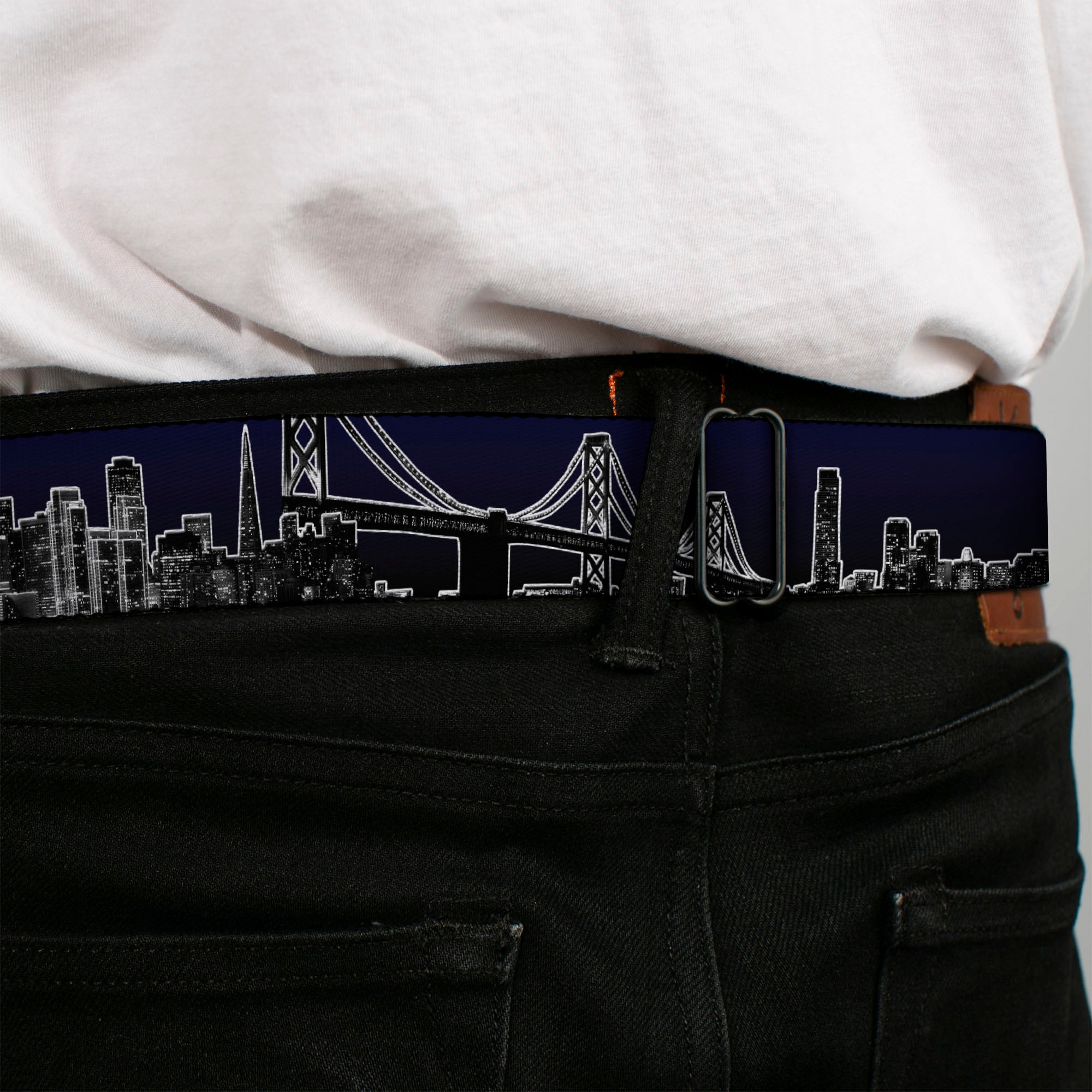 BD Wings Logo CLOSE-UP Full Color Black Silver Seatbelt Belt - San Francisco Vivid Skyline Midnight Blue Webbing Seatbelt Belts Buckle-Down