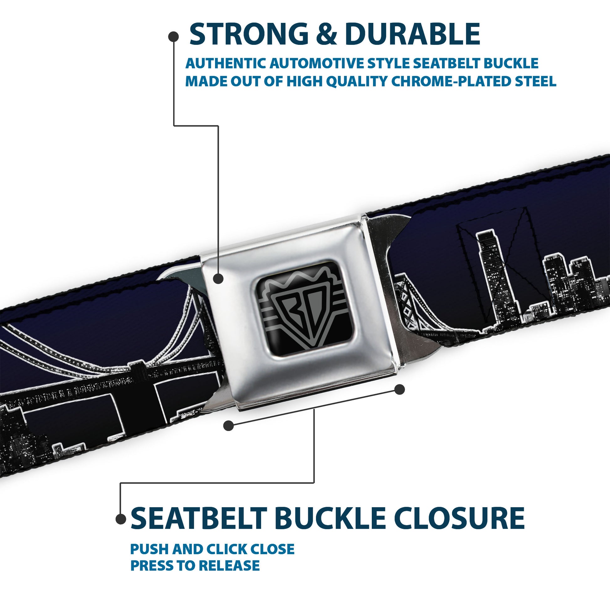 BD Wings Logo CLOSE-UP Full Color Black Silver Seatbelt Belt - San Francisco Vivid Skyline Midnight Blue Webbing Seatbelt Belts Buckle-Down
