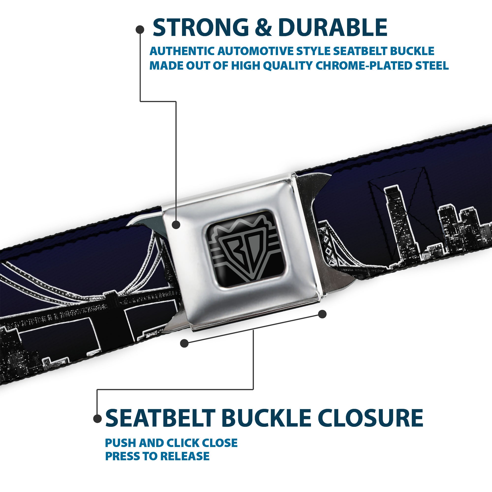 BD Wings Logo CLOSE-UP Full Color Black Silver Seatbelt Belt - San Francisco Vivid Skyline Midnight Blue Webbing Seatbelt Belts Buckle-Down