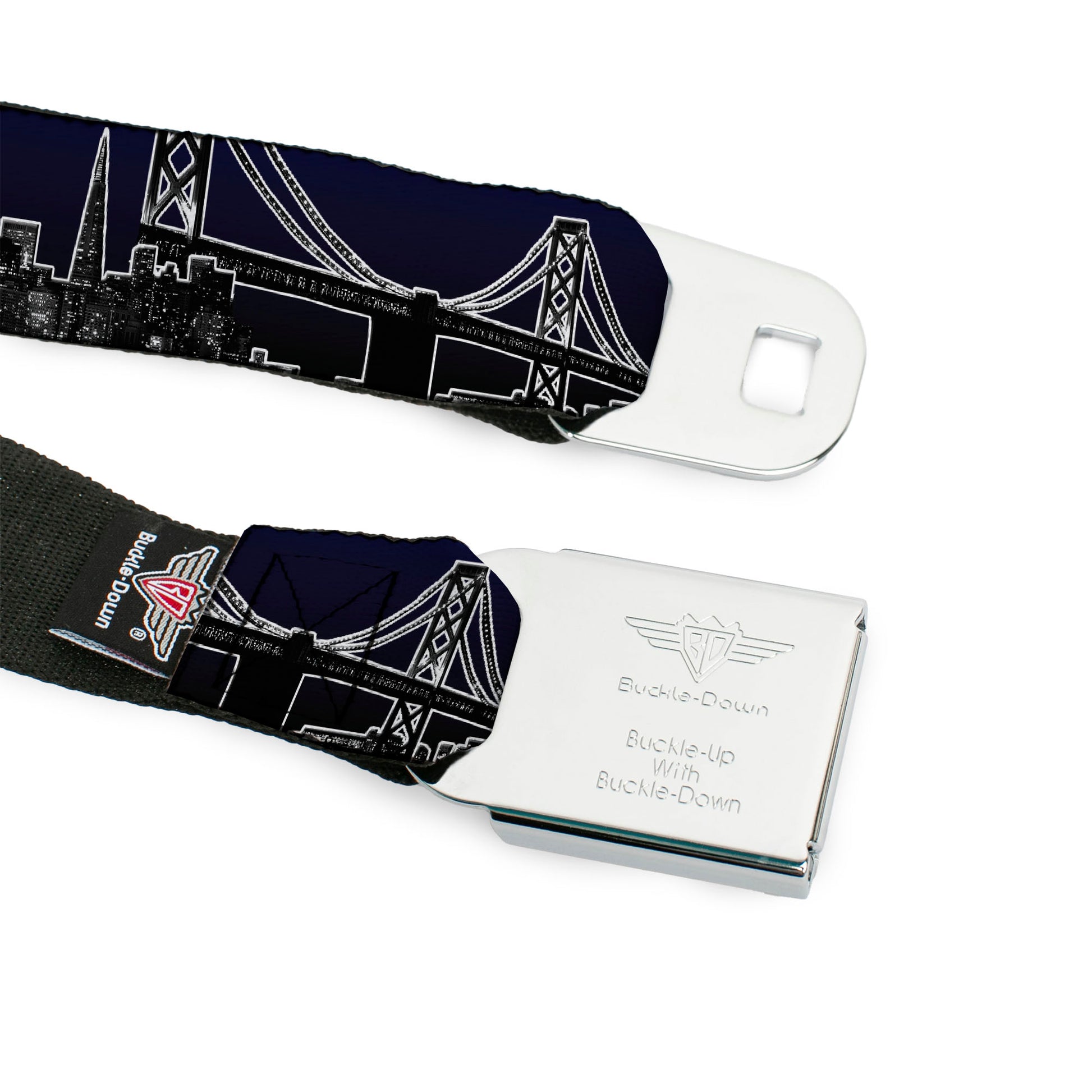 BD Wings Logo CLOSE-UP Full Color Black Silver Seatbelt Belt - San Francisco Vivid Skyline Midnight Blue Webbing Seatbelt Belts Buckle-Down