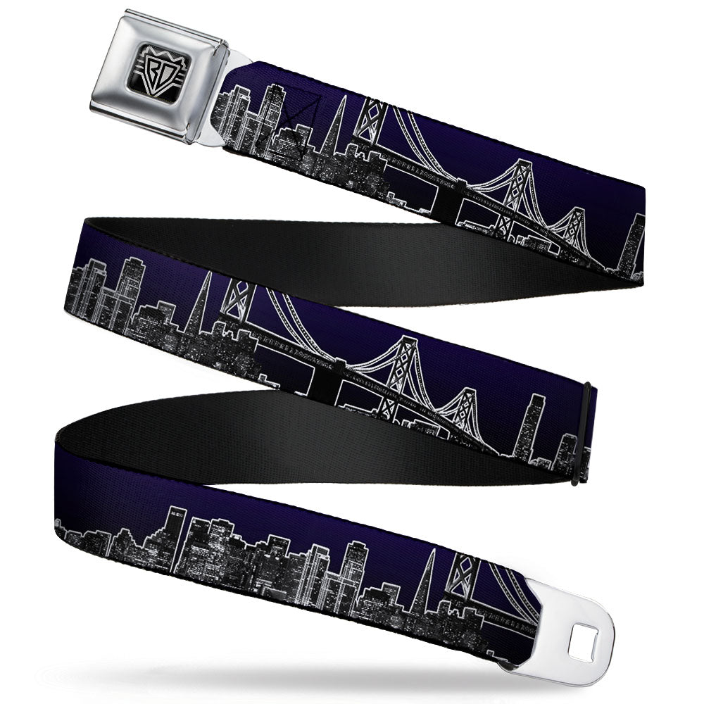 BD Wings Logo CLOSE-UP Full Color Black Silver Seatbelt Belt - San Francisco Vivid Skyline Midnight Blue Webbing Seatbelt Belts Buckle-Down