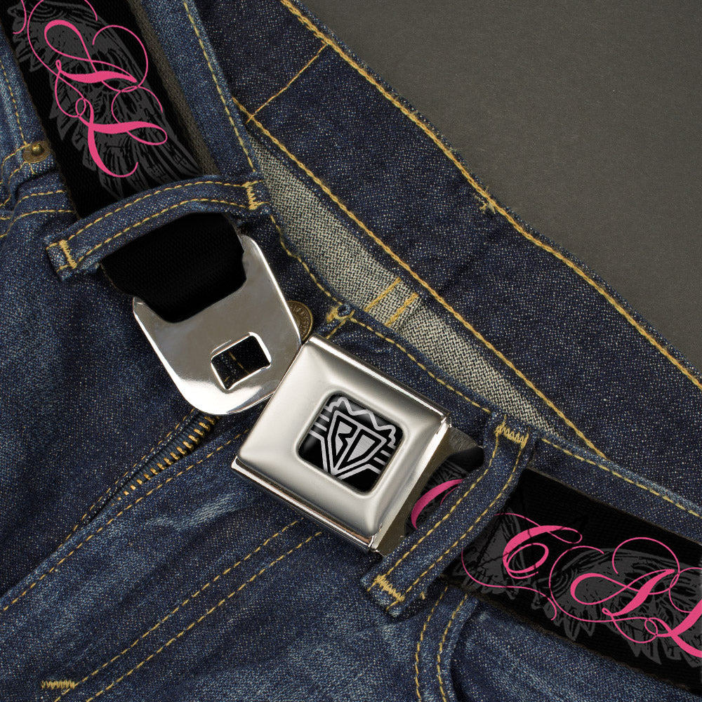 BD Wings Logo CLOSE-UP Full Color Black Silver Seatbelt Belt - SO CAL Script/Wings Black/Gray/Pink Webbing Seatbelt Belts Buckle-Down