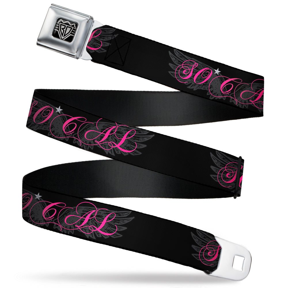 BD Wings Logo CLOSE-UP Full Color Black Silver Seatbelt Belt - SO CAL Script/Wings Black/Gray/Pink Webbing Seatbelt Belts Buckle-Down