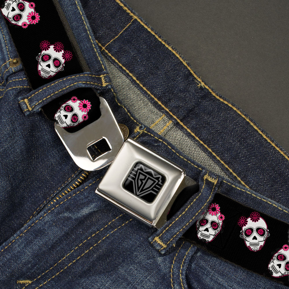 BD Wings Logo CLOSE-UP Black/Silver Seatbelt Belt - Staggered Sugar Skulls Black/Pink/White Webbing Seatbelt Belts Buckle-Down