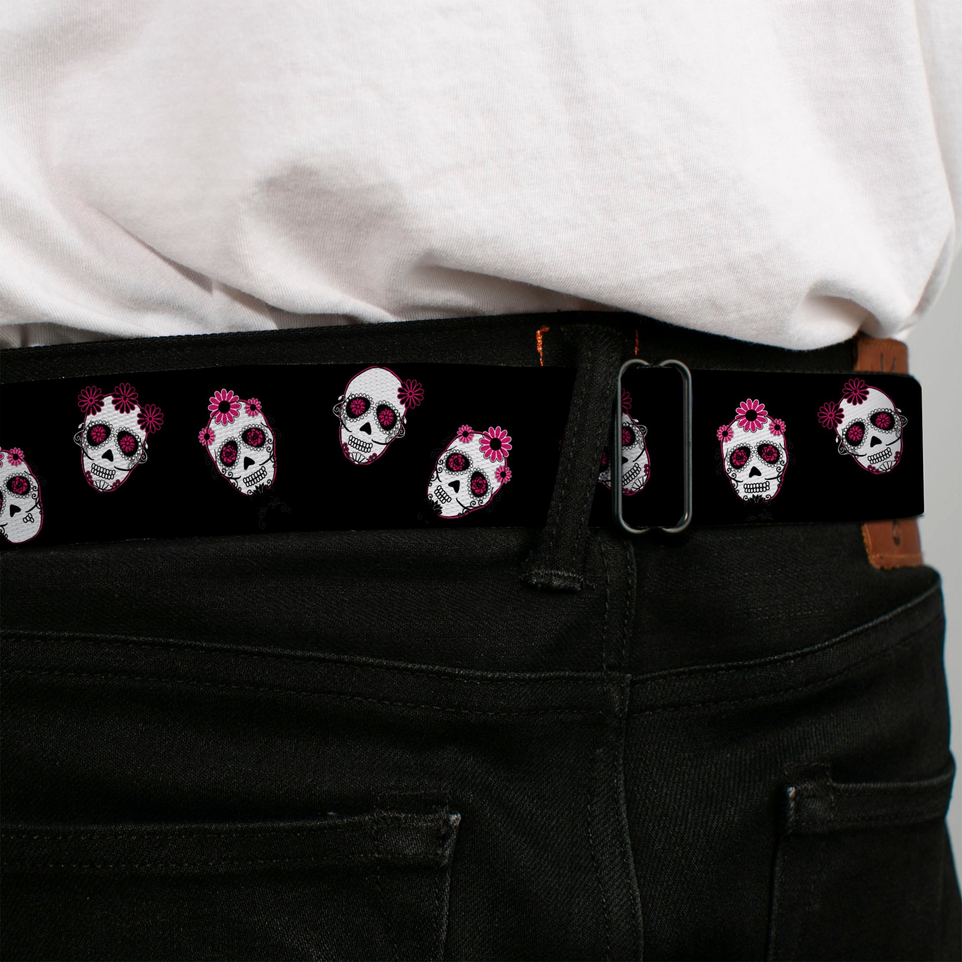BD Wings Logo CLOSE-UP Black/Silver Seatbelt Belt - Staggered Sugar Skulls Black/Pink/White Webbing Seatbelt Belts Buckle-Down