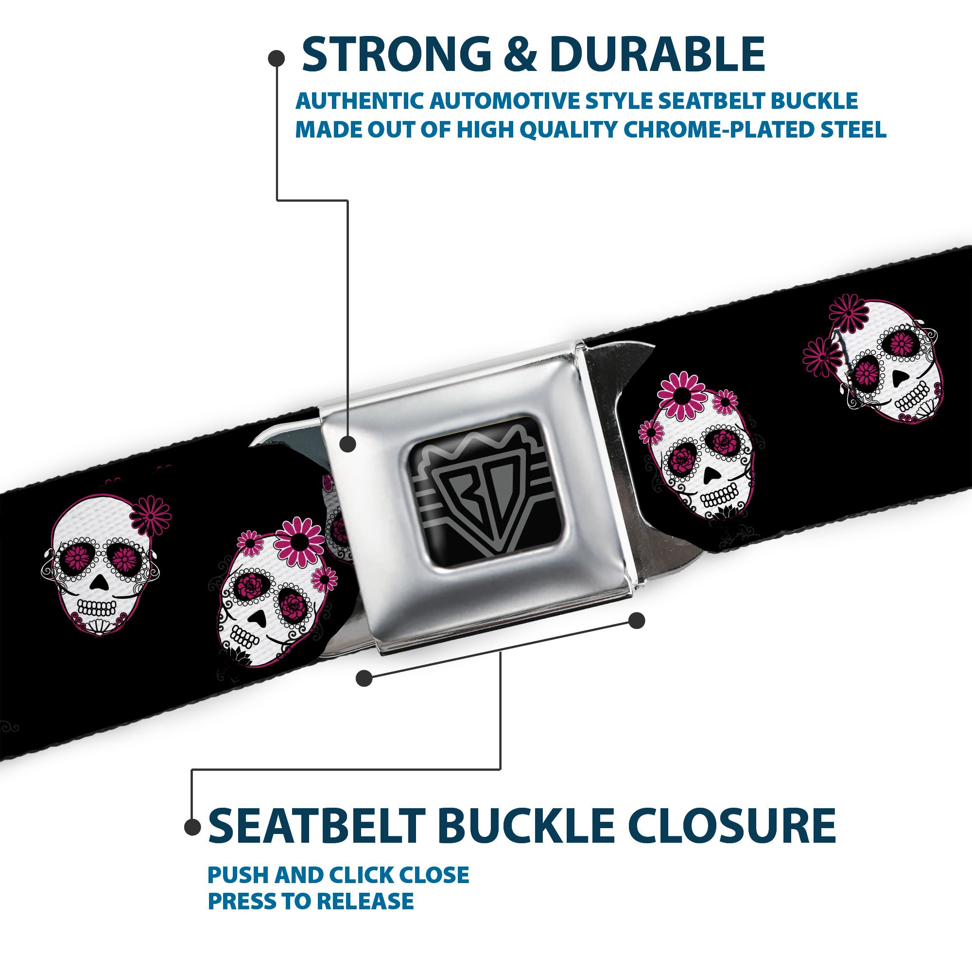 BD Wings Logo CLOSE-UP Black/Silver Seatbelt Belt - Staggered Sugar Skulls Black/Pink/White Webbing Seatbelt Belts Buckle-Down