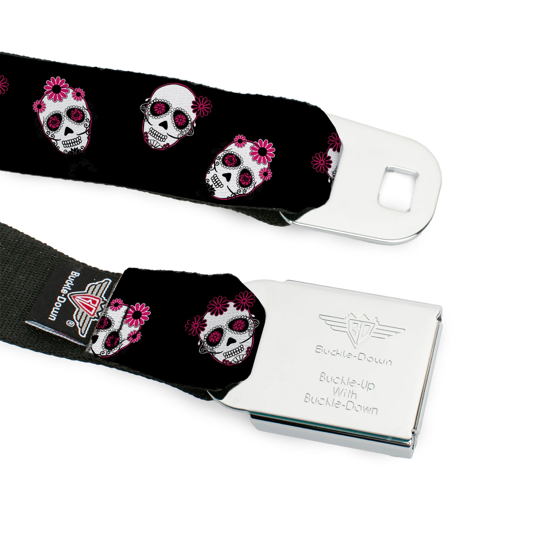 BD Wings Logo CLOSE-UP Black/Silver Seatbelt Belt - Staggered Sugar Skulls Black/Pink/White Webbing Seatbelt Belts Buckle-Down