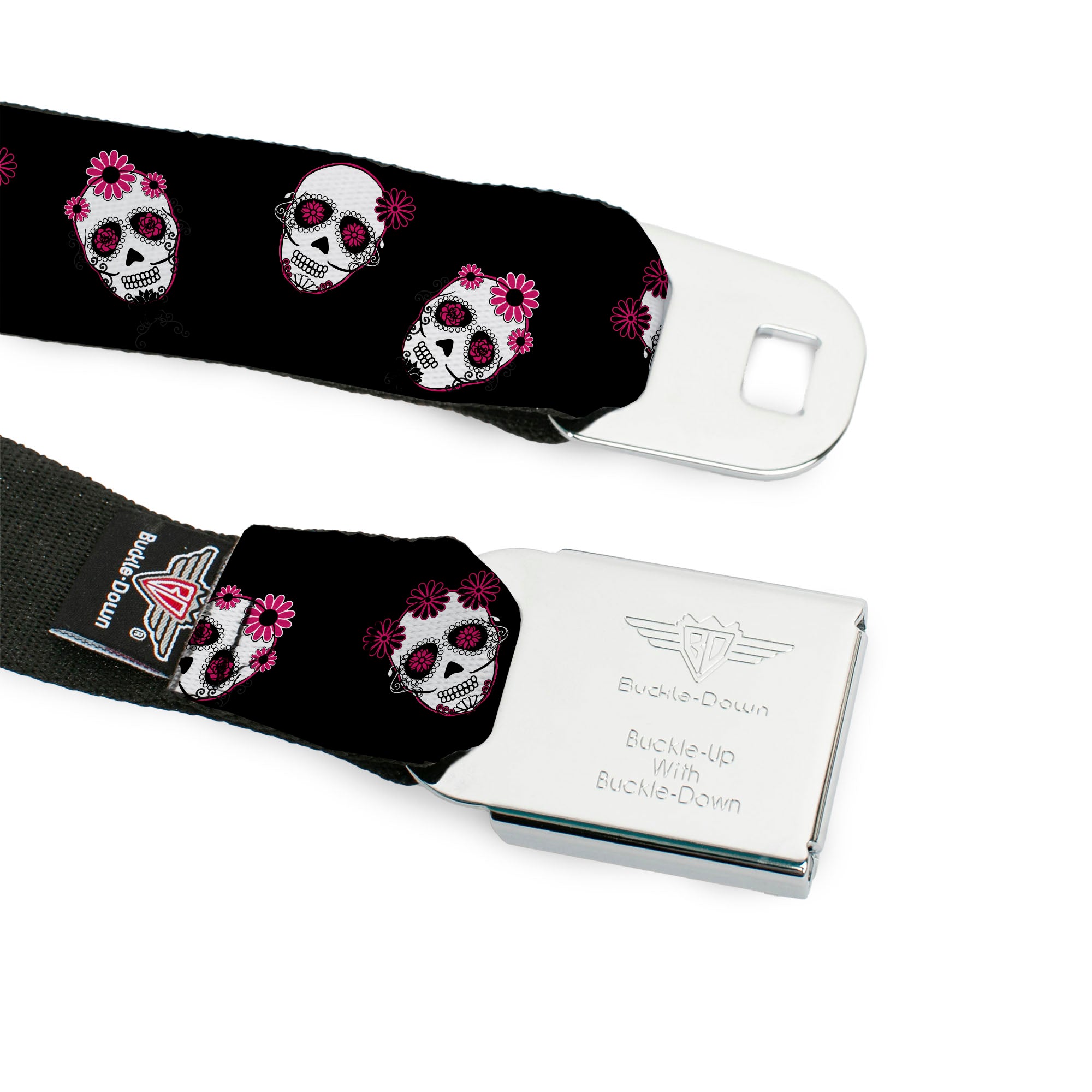 BD Wings Logo CLOSE-UP Black/Silver Seatbelt Belt - Staggered Sugar Skulls Black/Pink/White Webbing Seatbelt Belts Buckle-Down