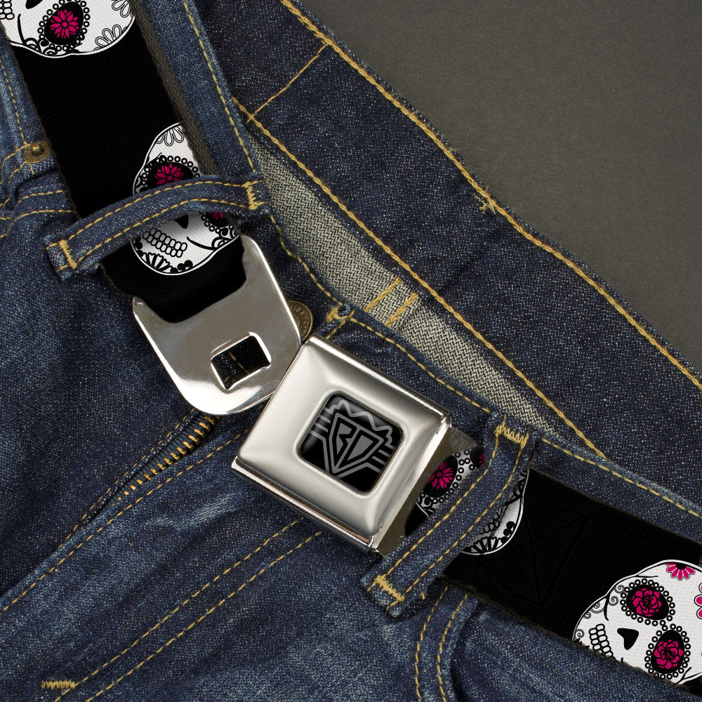 BD Wings Logo CLOSE-UP Black/Silver Seatbelt Belt - Staggered Sugar Skulls Black/White/Pink Webbing Seatbelt Belts Buckle-Down