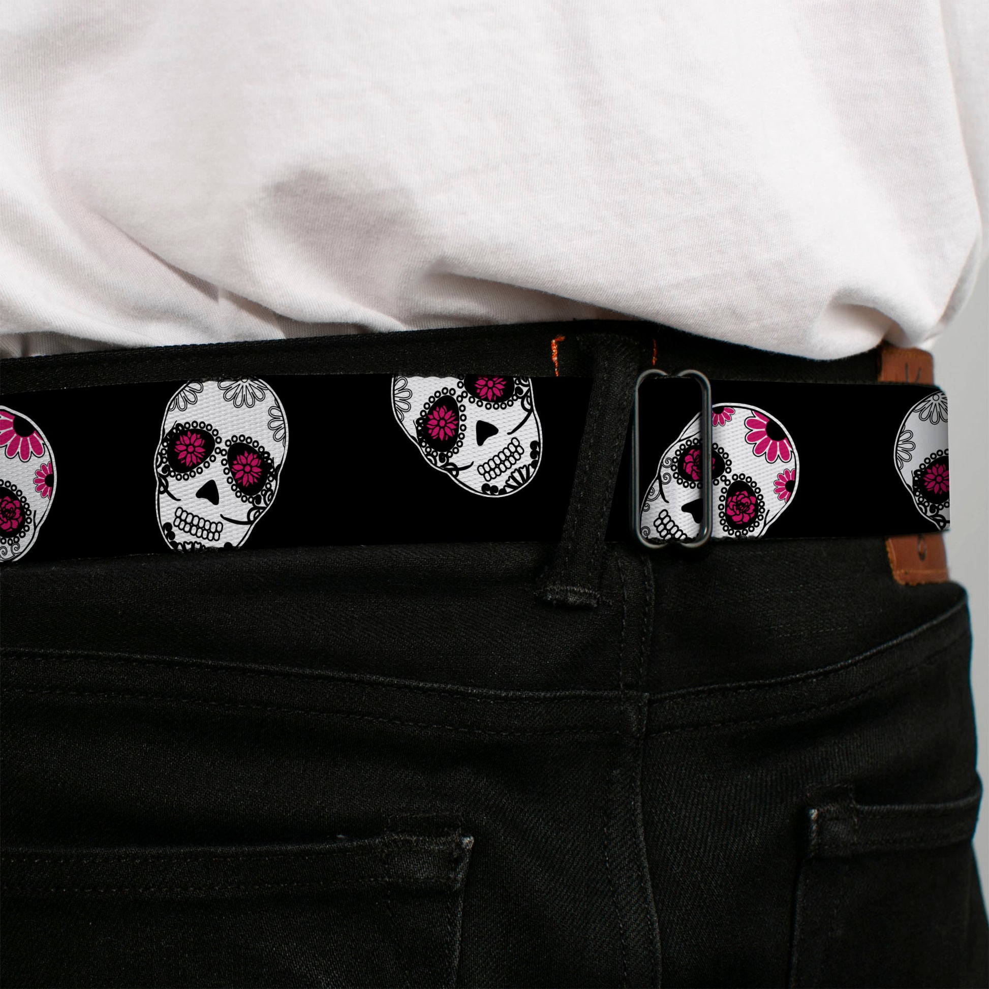 BD Wings Logo CLOSE-UP Black/Silver Seatbelt Belt - Staggered Sugar Skulls Black/White/Pink Webbing Seatbelt Belts Buckle-Down