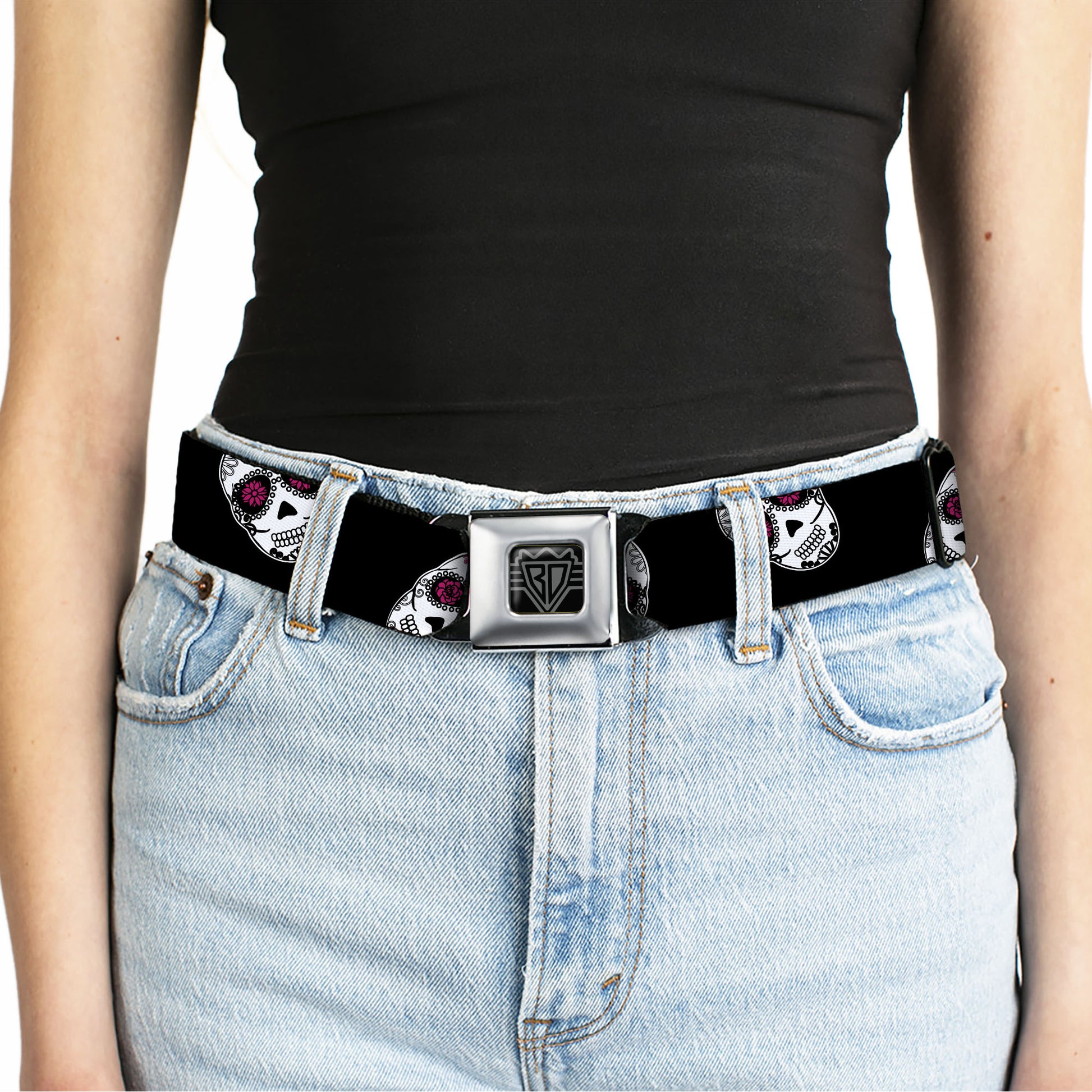 BD Wings Logo CLOSE-UP Black/Silver Seatbelt Belt - Staggered Sugar Skulls Black/White/Pink Webbing Seatbelt Belts Buckle-Down