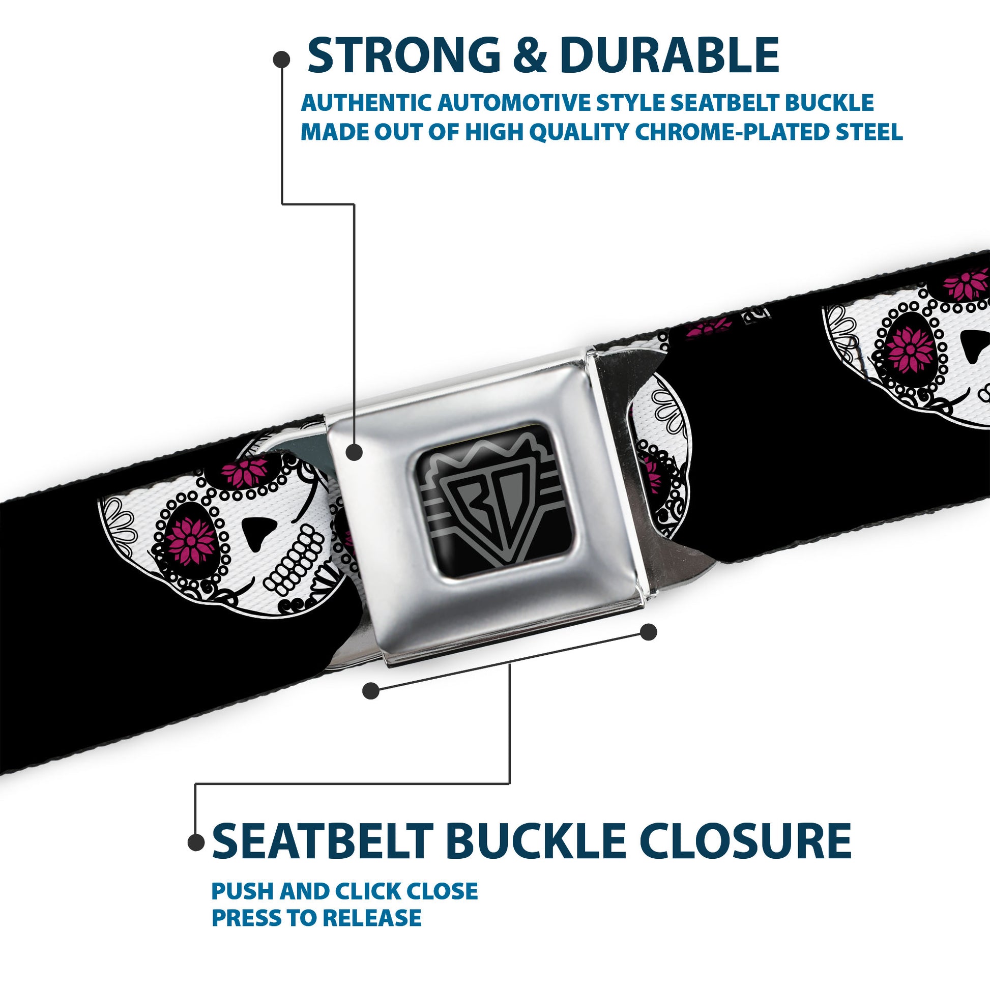 BD Wings Logo CLOSE-UP Black/Silver Seatbelt Belt - Staggered Sugar Skulls Black/White/Pink Webbing Seatbelt Belts Buckle-Down