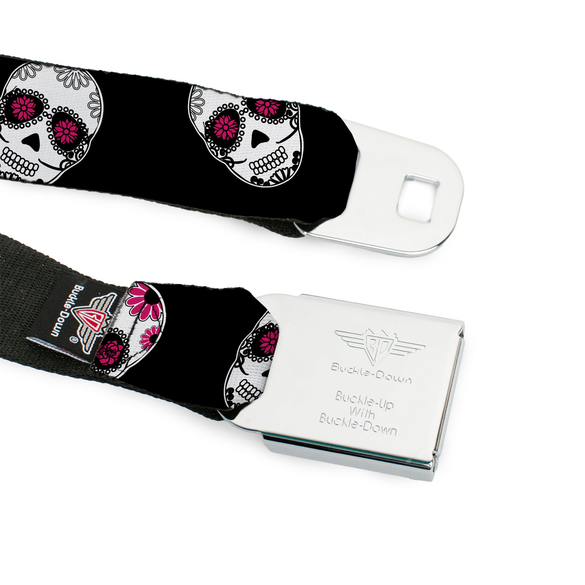 BD Wings Logo CLOSE-UP Black/Silver Seatbelt Belt - Staggered Sugar Skulls Black/White/Pink Webbing Seatbelt Belts Buckle-Down