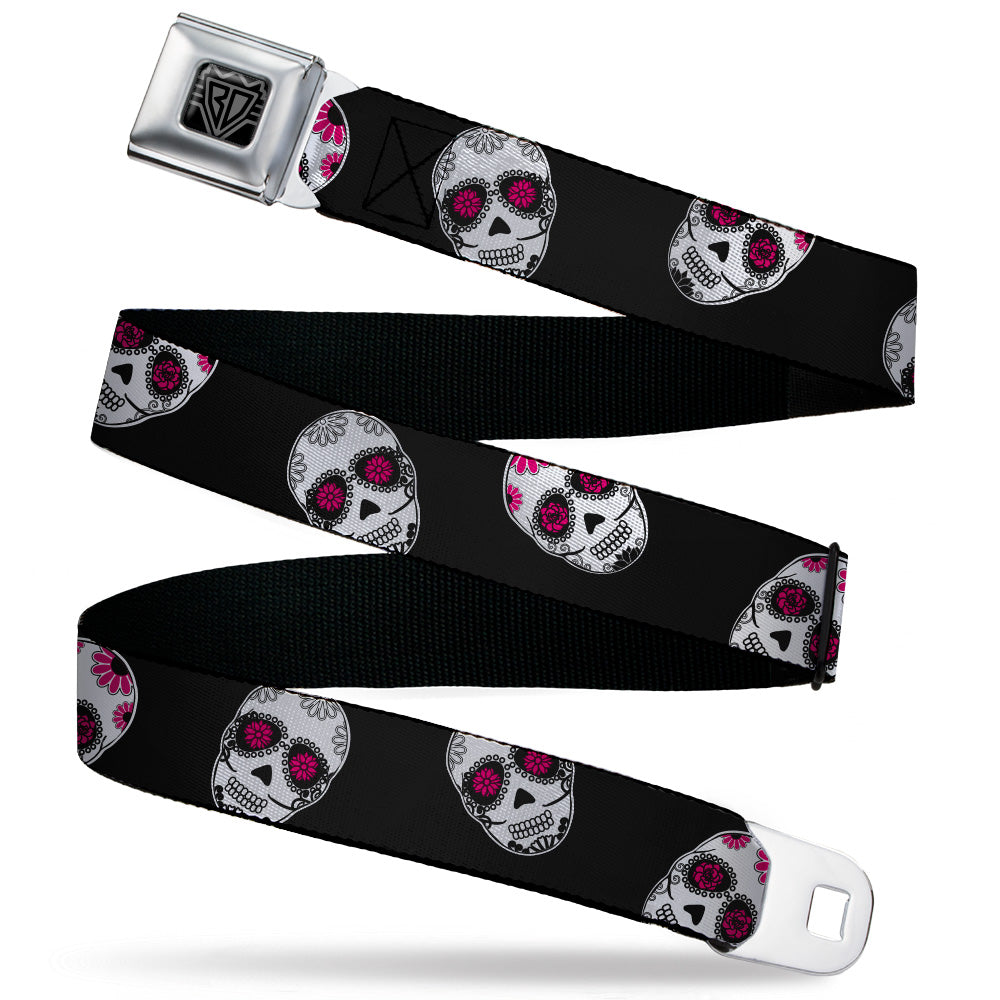 BD Wings Logo CLOSE-UP Black/Silver Seatbelt Belt - Staggered Sugar Skulls Black/White/Pink Webbing Seatbelt Belts Buckle-Down