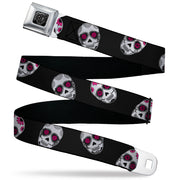 BD Wings Logo CLOSE-UP Black/Silver Seatbelt Belt - Staggered Sugar Skulls Black/White/Pink Webbing Seatbelt Belts Buckle-Down