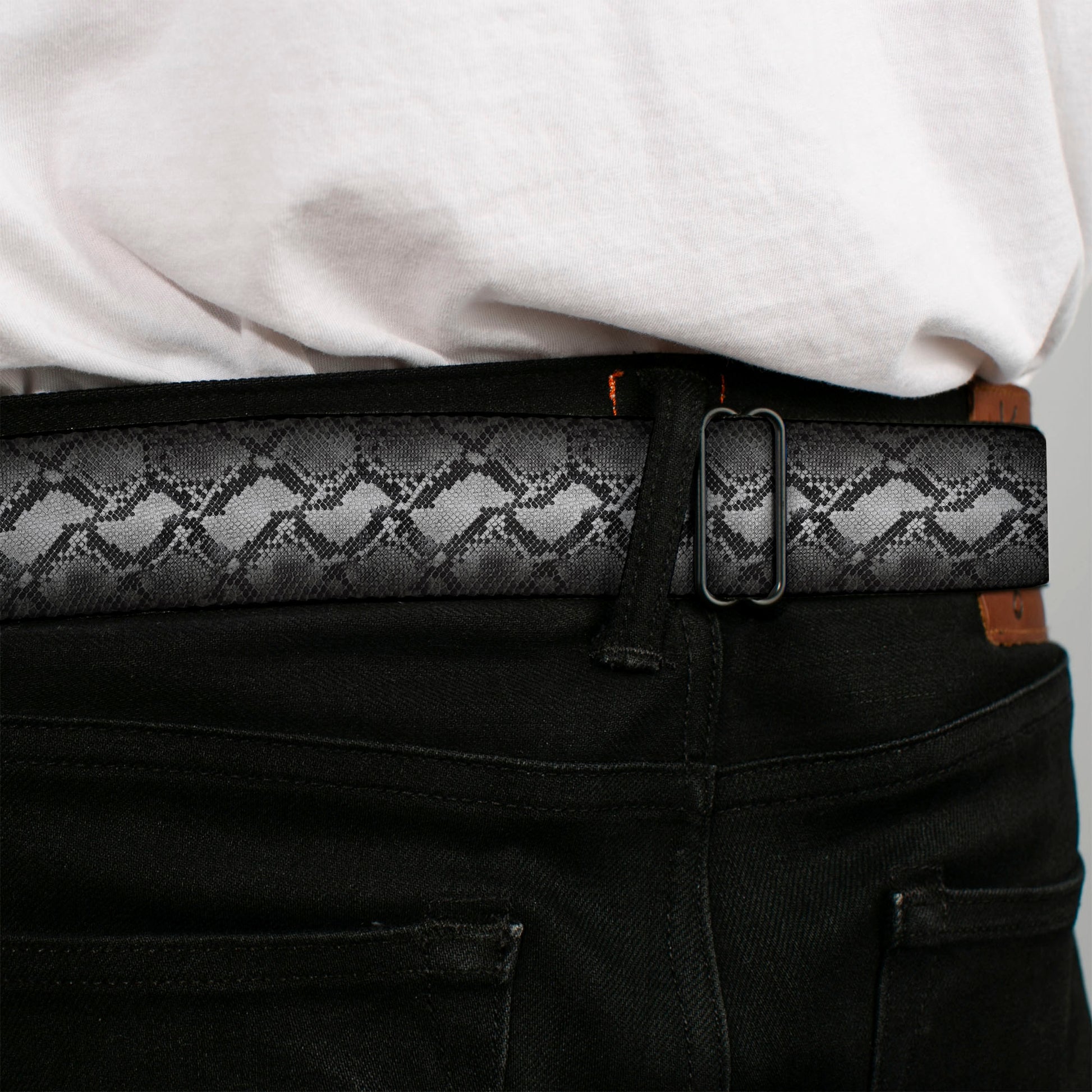 BD Wings Logo CLOSE-UP Full Color Black Silver Seatbelt Belt - Snake Skin 3 Grays Webbing Seatbelt Belts Buckle-Down
