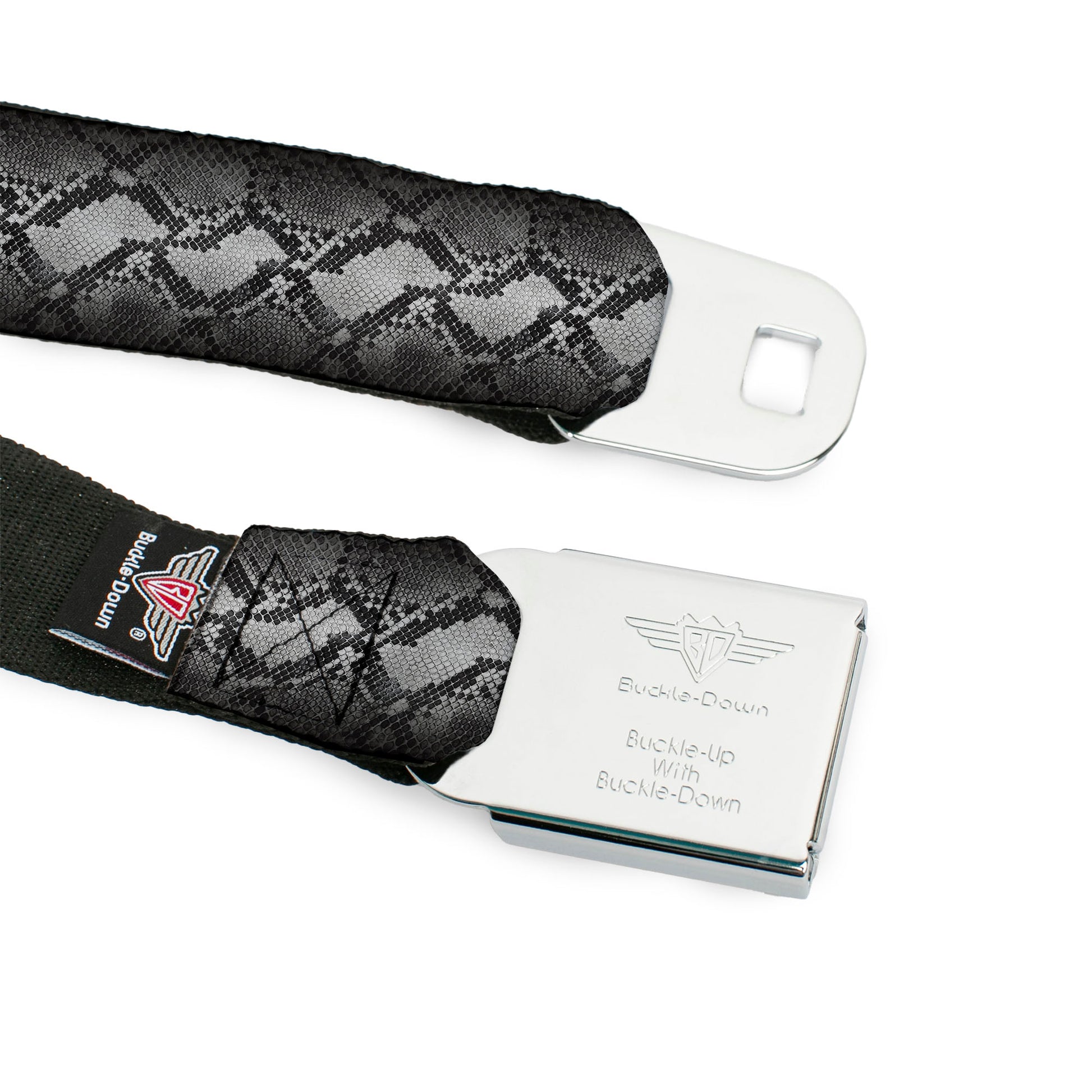 BD Wings Logo CLOSE-UP Full Color Black Silver Seatbelt Belt - Snake Skin 3 Grays Webbing Seatbelt Belts Buckle-Down