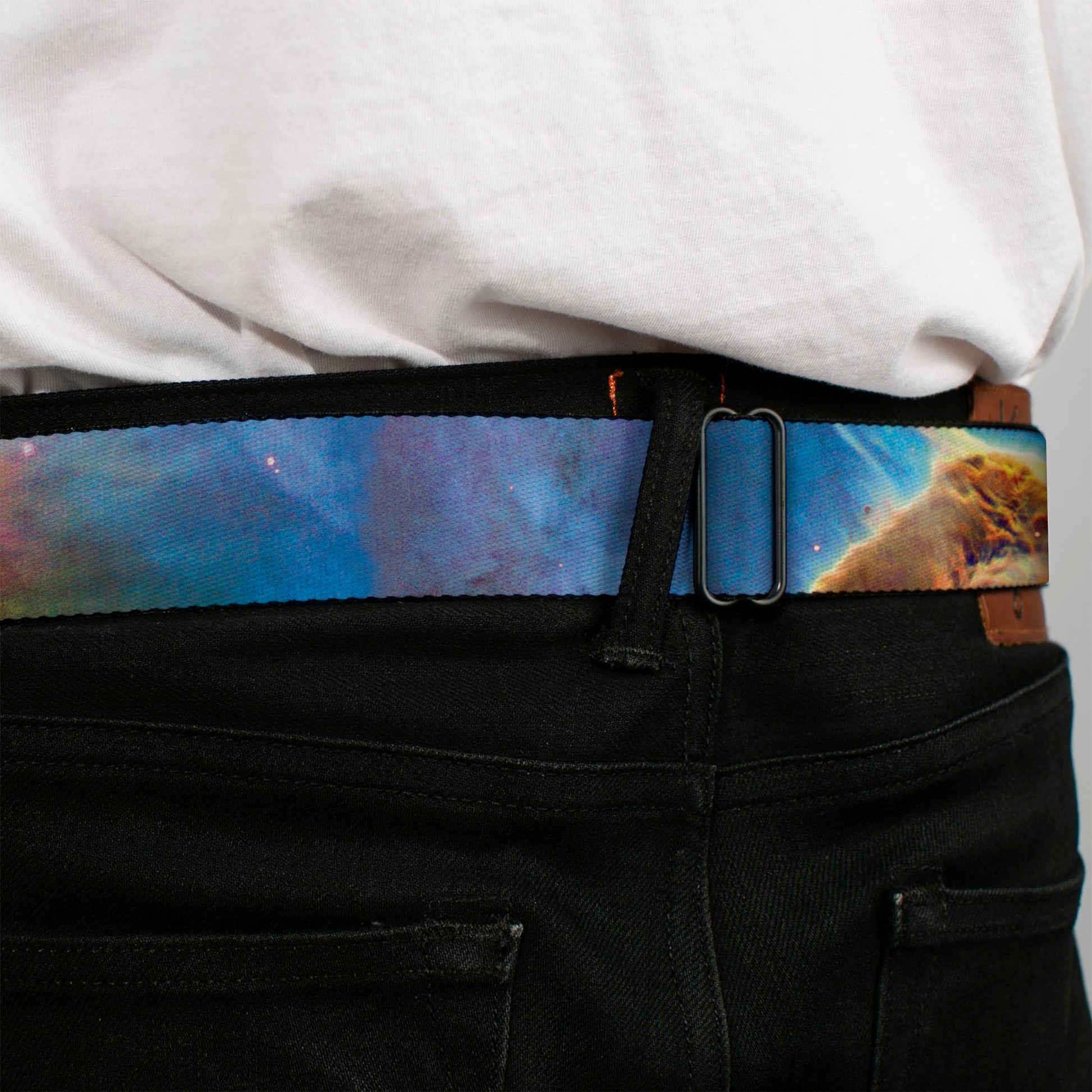 BD Wings Logo CLOSE-UP Full Color Black Silver Seatbelt Belt - Supernova Space Collage Webbing Seatbelt Belts Buckle-Down