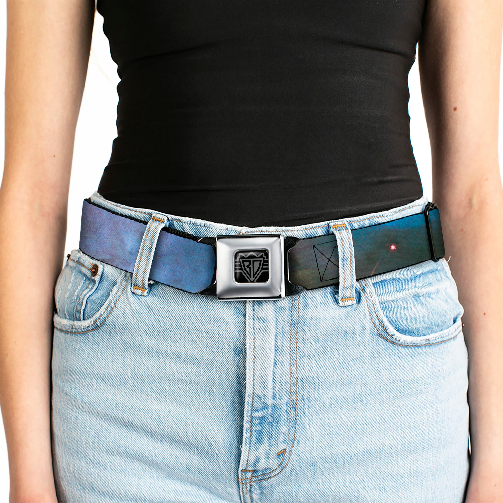 BD Wings Logo CLOSE-UP Full Color Black Silver Seatbelt Belt - Supernova Space Collage Webbing Seatbelt Belts Buckle-Down