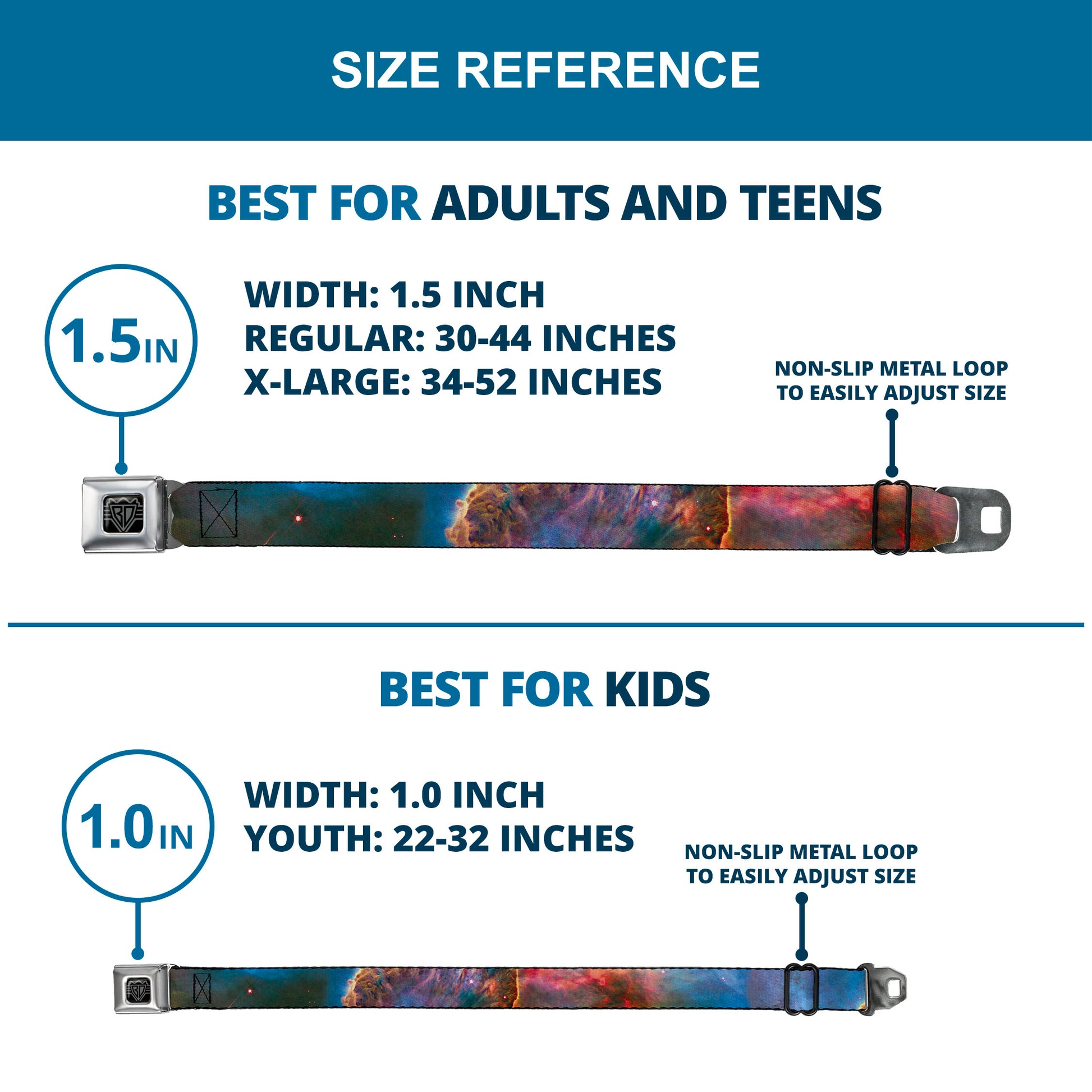 BD Wings Logo CLOSE-UP Full Color Black Silver Seatbelt Belt - Supernova Space Collage Webbing Seatbelt Belts Buckle-Down