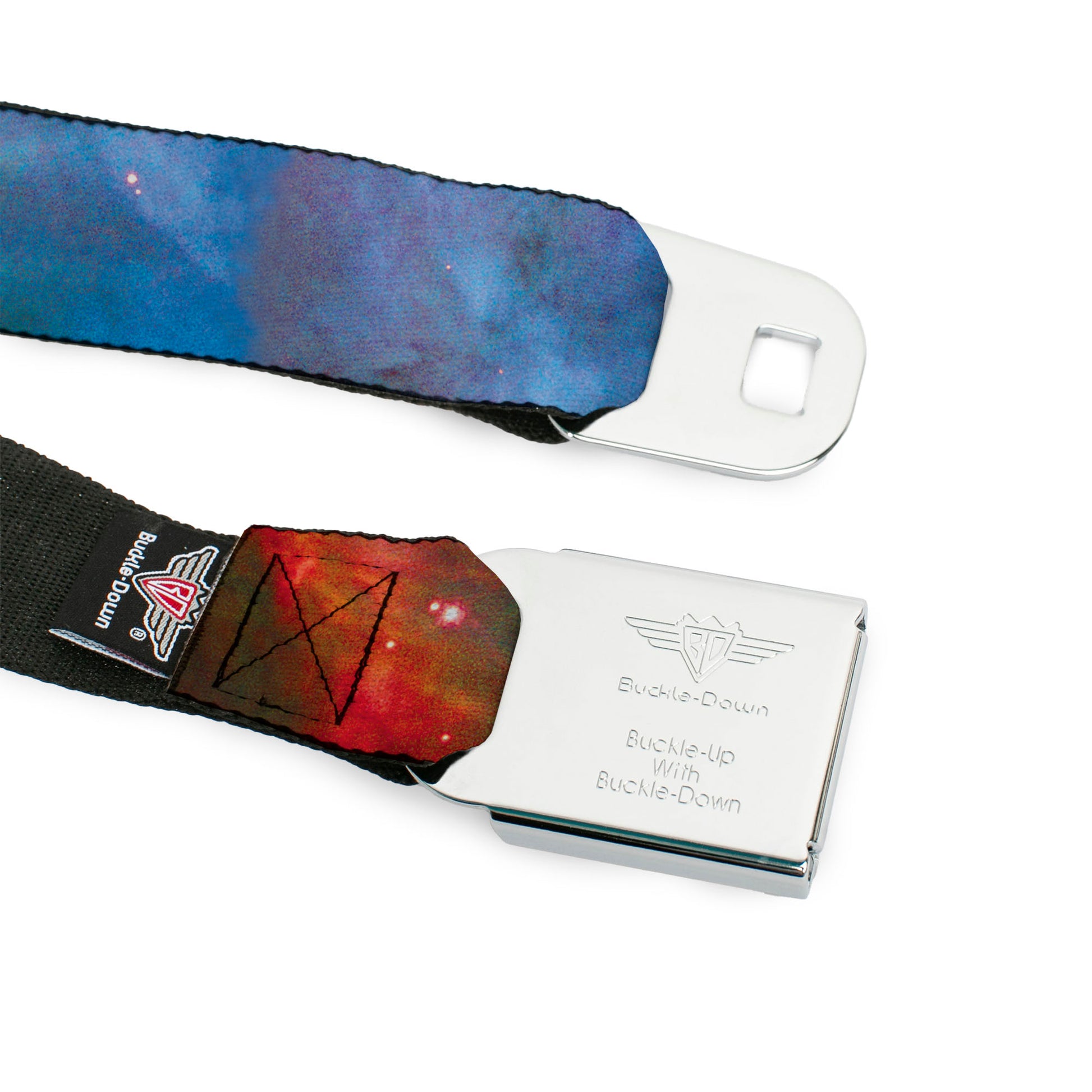 BD Wings Logo CLOSE-UP Full Color Black Silver Seatbelt Belt - Supernova Space Collage Webbing Seatbelt Belts Buckle-Down