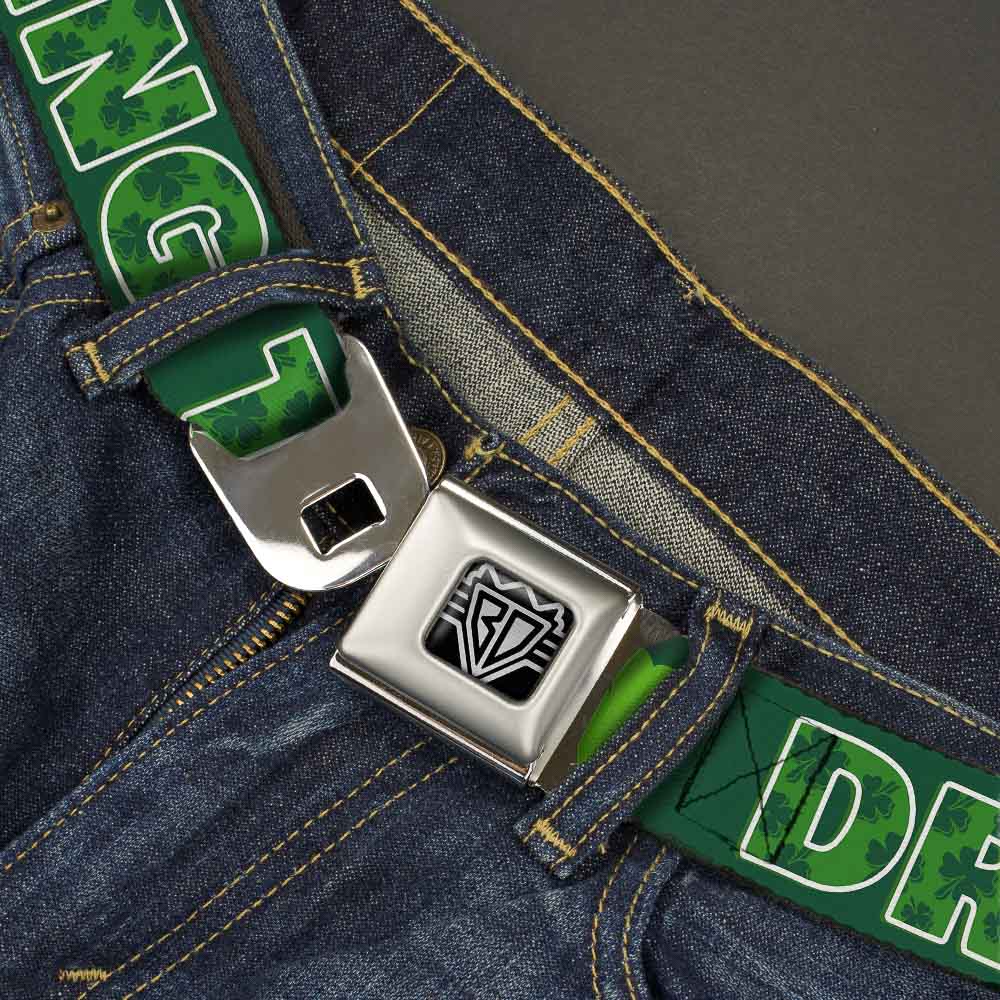 BD Wings Logo CLOSE-UP Full Color Black Silver Seatbelt Belt - St. Pat's DRINKING TEAM/Shamrocks Black/Green/White Webbing Seatbelt Belts Buckle-Down