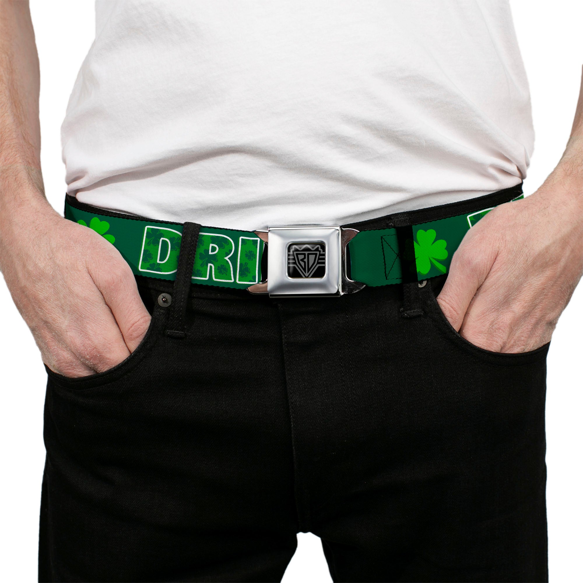 BD Wings Logo CLOSE-UP Full Color Black Silver Seatbelt Belt - St. Pat's DRINKING TEAM/Shamrocks Black/Green/White Webbing Seatbelt Belts Buckle-Down