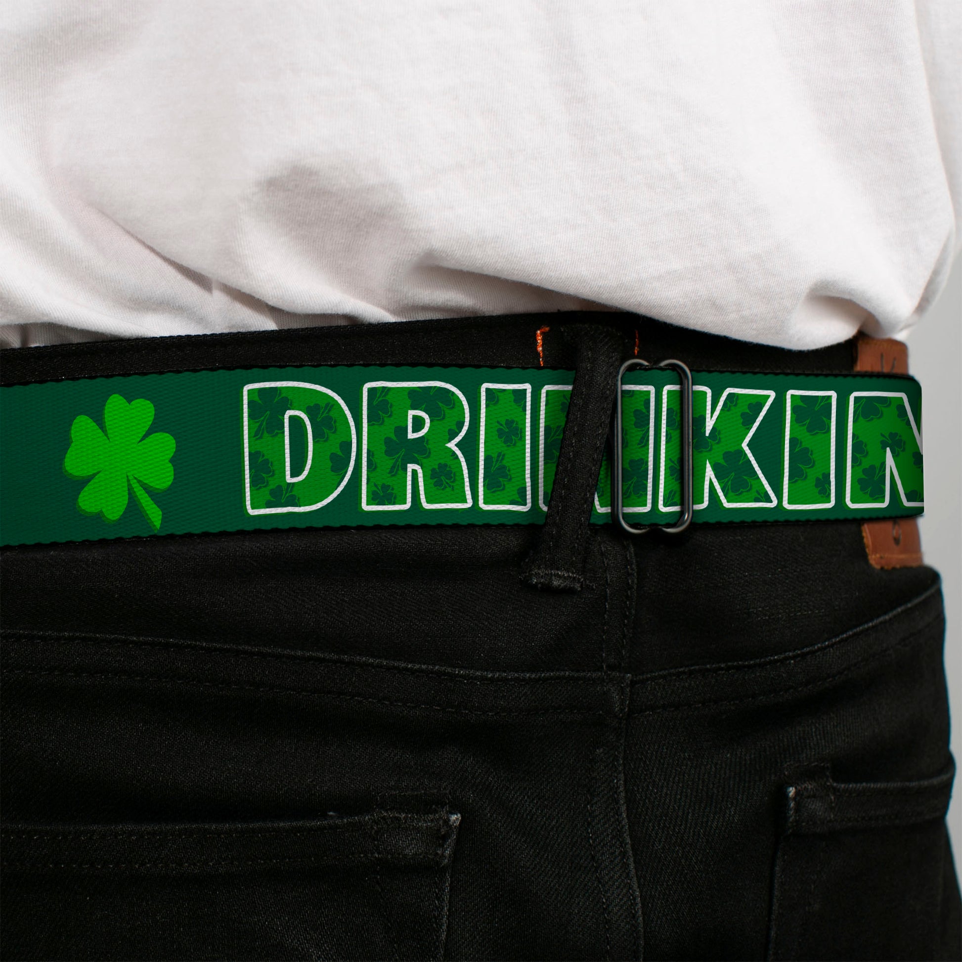 BD Wings Logo CLOSE-UP Full Color Black Silver Seatbelt Belt - St. Pat's DRINKING TEAM/Shamrocks Black/Green/White Webbing Seatbelt Belts Buckle-Down