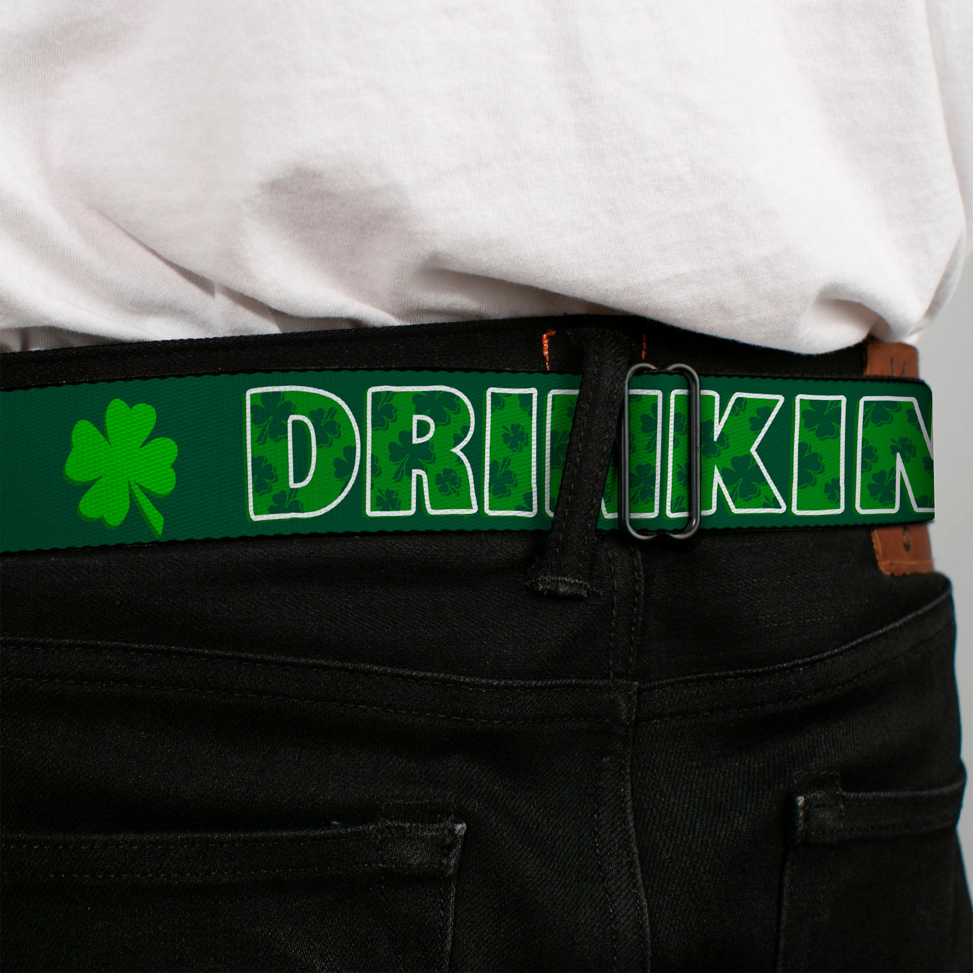 BD Wings Logo CLOSE-UP Full Color Black Silver Seatbelt Belt - St. Pat's DRINKING TEAM/Shamrocks Black/Green/White Webbing Seatbelt Belts Buckle-Down