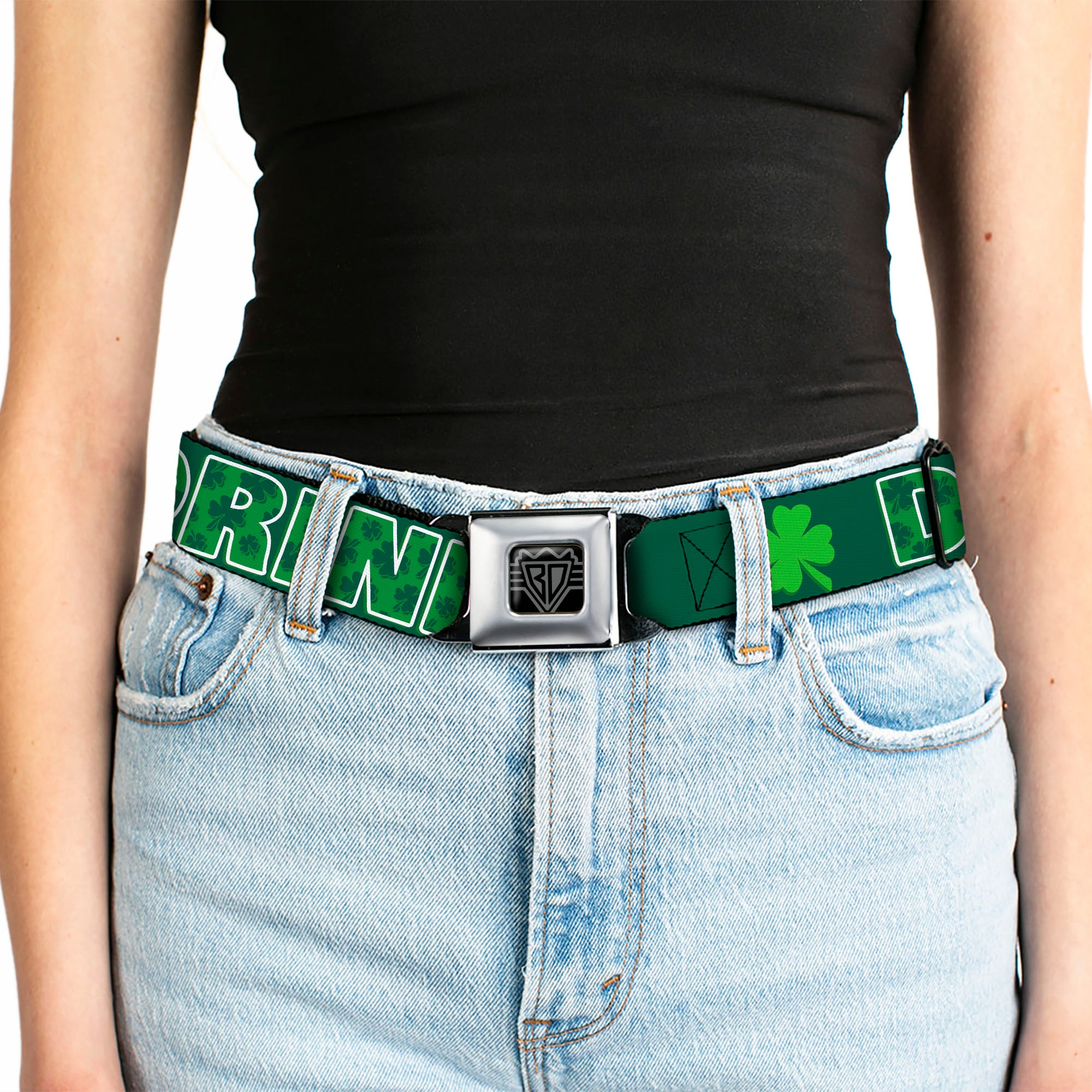 BD Wings Logo CLOSE-UP Full Color Black Silver Seatbelt Belt - St. Pat's DRINKING TEAM/Shamrocks Black/Green/White Webbing Seatbelt Belts Buckle-Down