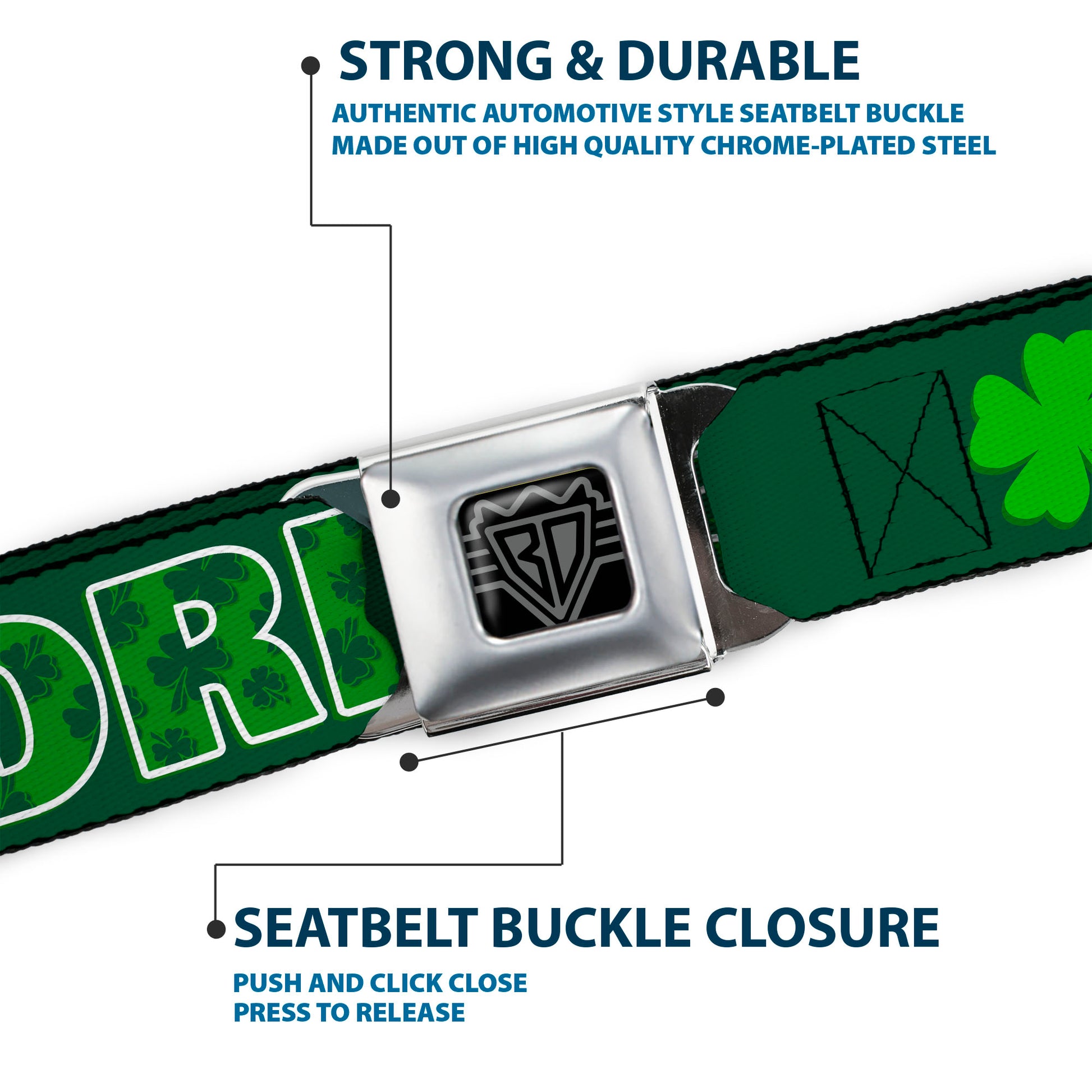 BD Wings Logo CLOSE-UP Full Color Black Silver Seatbelt Belt - St. Pat's DRINKING TEAM/Shamrocks Black/Green/White Webbing Seatbelt Belts Buckle-Down