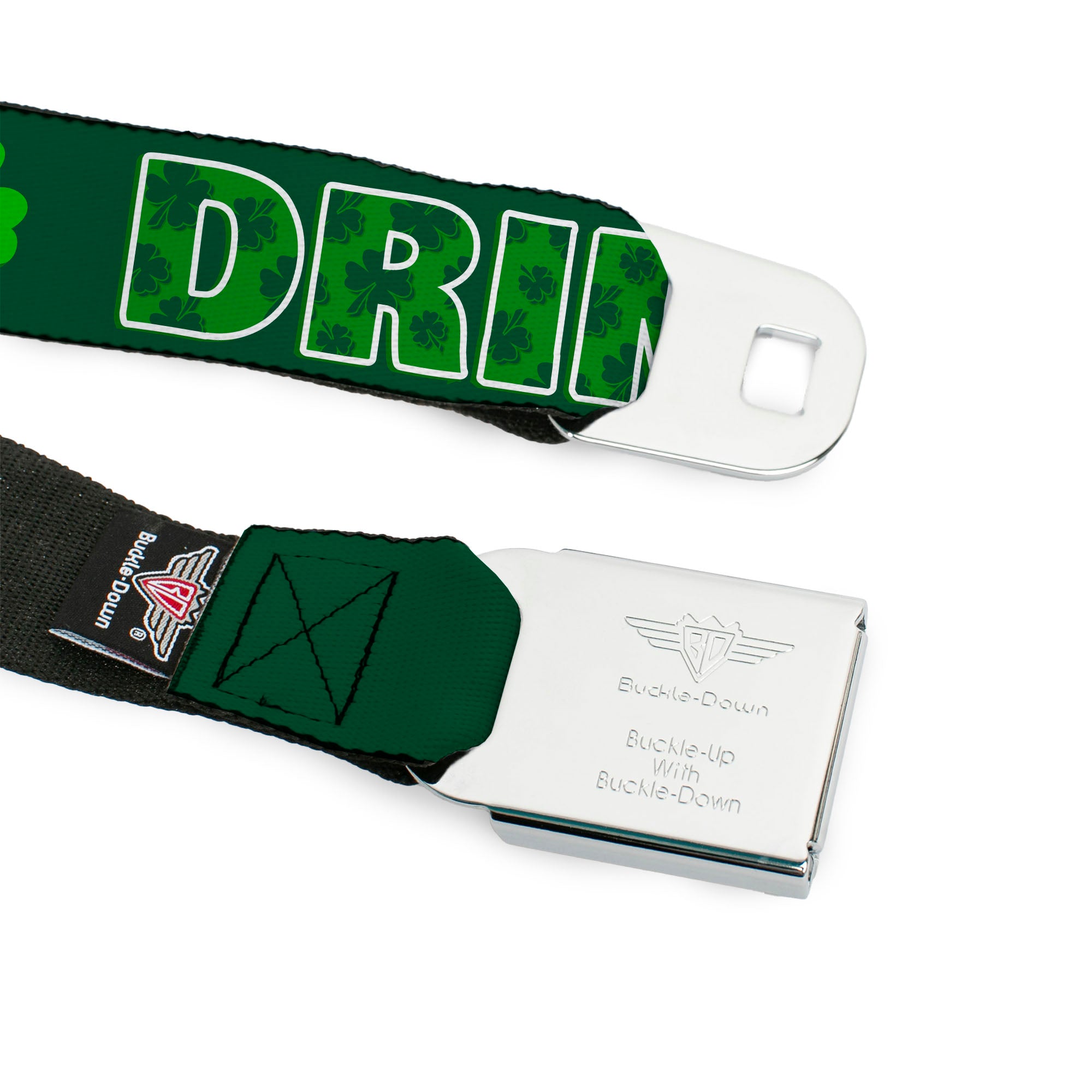 BD Wings Logo CLOSE-UP Full Color Black Silver Seatbelt Belt - St. Pat's DRINKING TEAM/Shamrocks Black/Green/White Webbing Seatbelt Belts Buckle-Down