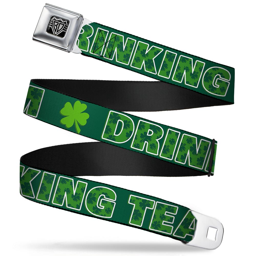 BD Wings Logo CLOSE-UP Full Color Black Silver Seatbelt Belt - St. Pat's DRINKING TEAM/Shamrocks Black/Green/White Webbing Seatbelt Belts Buckle-Down