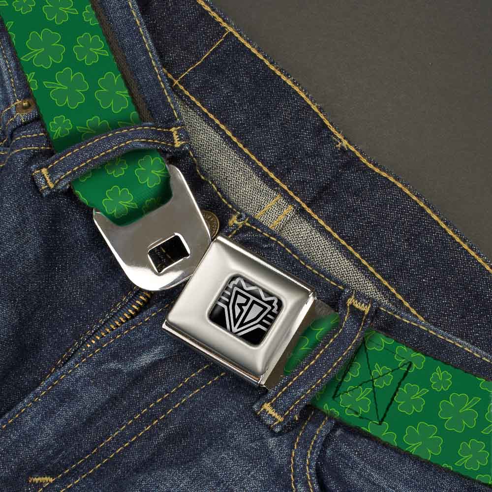 BD Wings Logo CLOSE-UP Full Color Black Silver Seatbelt Belt - St. Pat's Clovers Scattered Greens Webbing Seatbelt Belts Buckle-Down