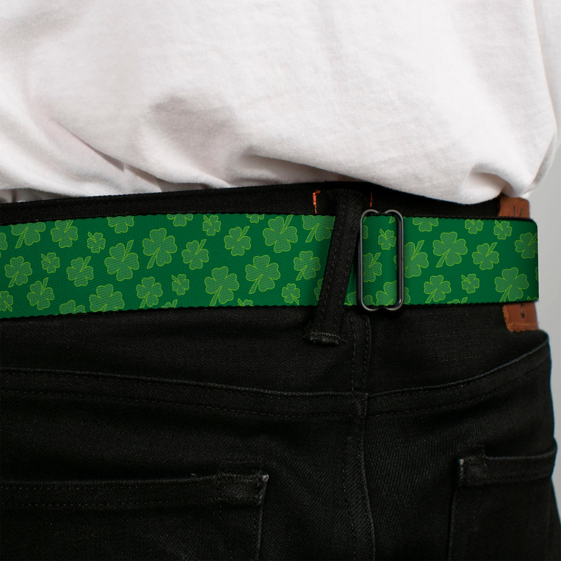 BD Wings Logo CLOSE-UP Full Color Black Silver Seatbelt Belt - St. Pat's Clovers Scattered Greens Webbing Seatbelt Belts Buckle-Down