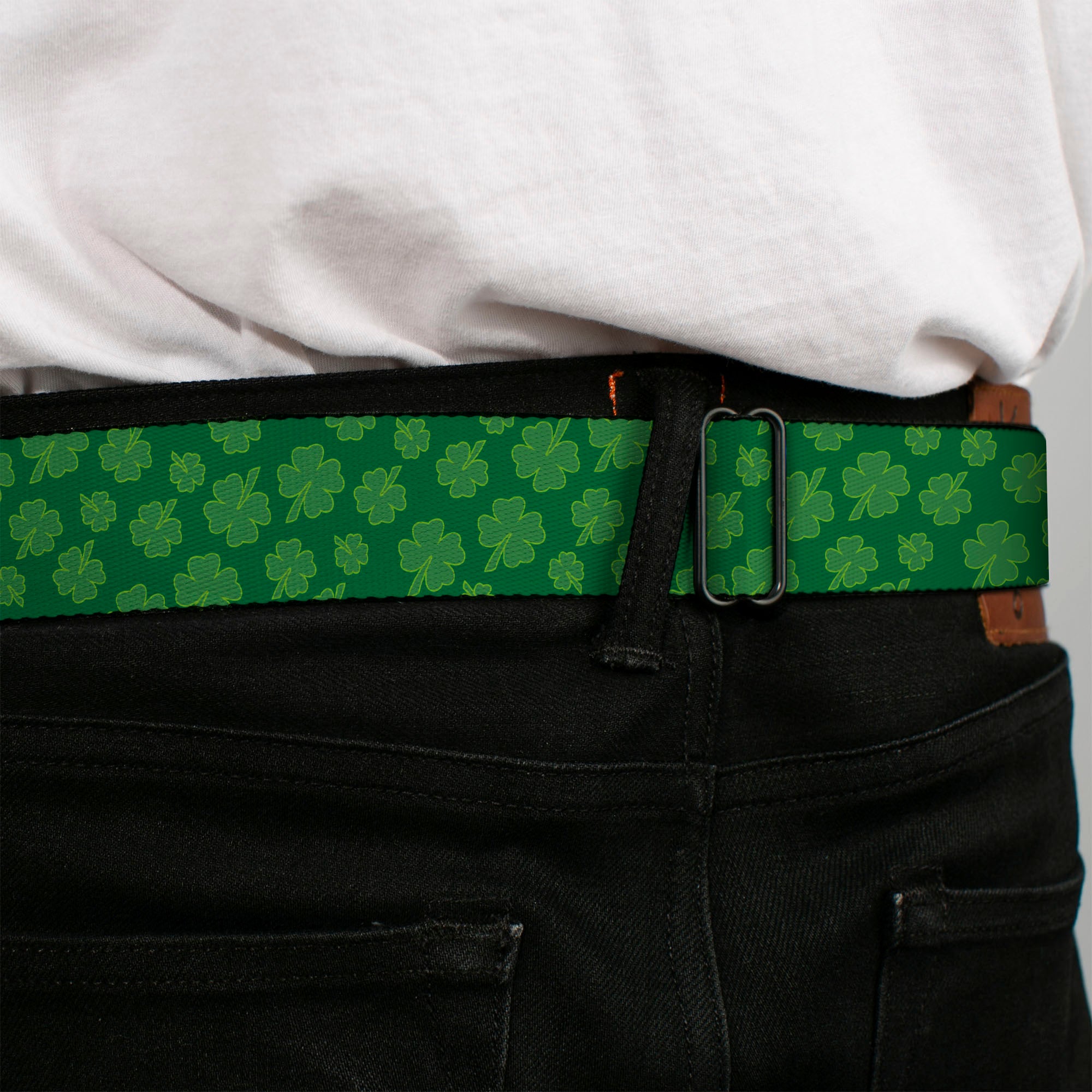 BD Wings Logo CLOSE-UP Full Color Black Silver Seatbelt Belt - St. Pat's Clovers Scattered Greens Webbing Seatbelt Belts Buckle-Down