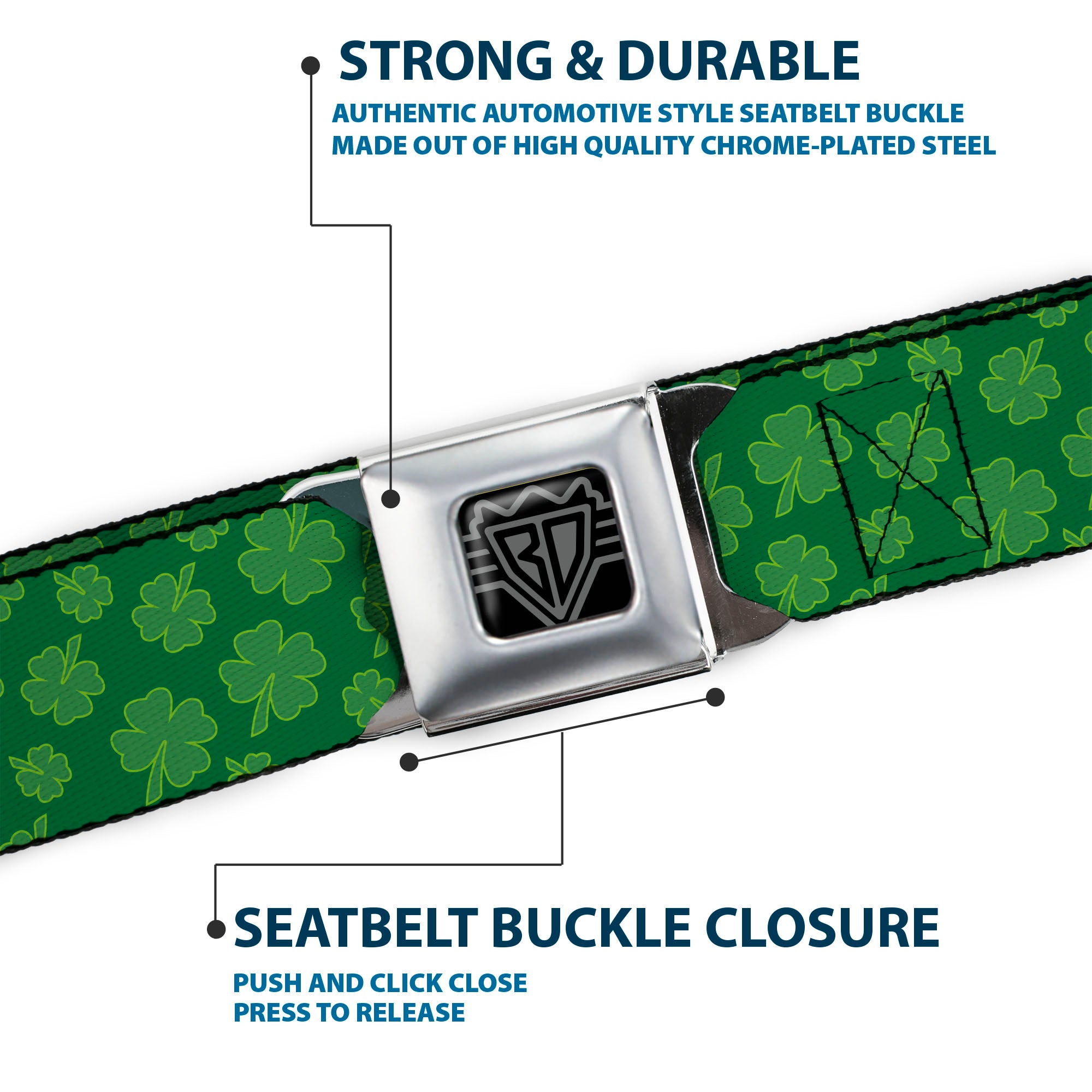 BD Wings Logo CLOSE-UP Full Color Black Silver Seatbelt Belt - St. Pat's Clovers Scattered Greens Webbing Seatbelt Belts Buckle-Down