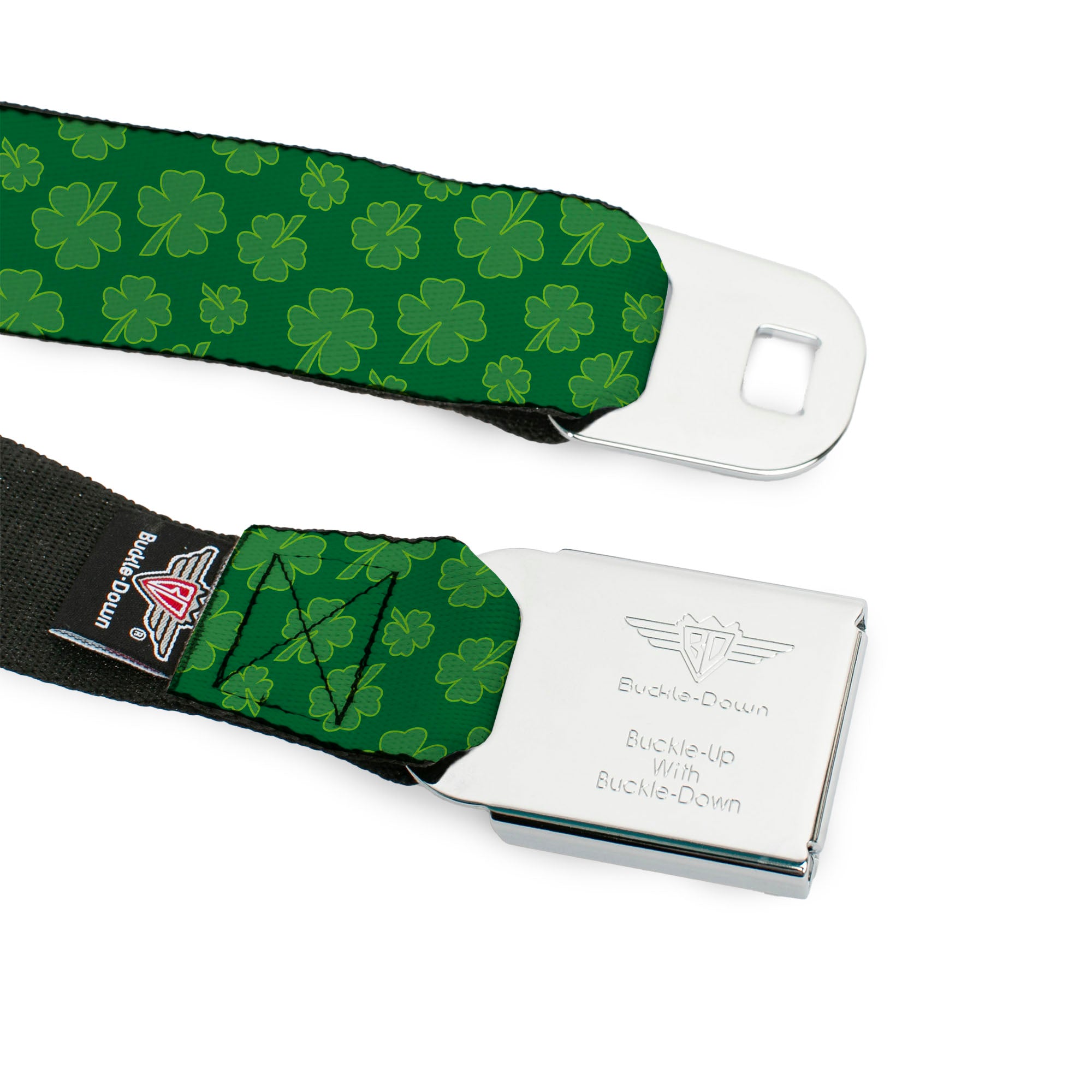 BD Wings Logo CLOSE-UP Full Color Black Silver Seatbelt Belt - St. Pat's Clovers Scattered Greens Webbing Seatbelt Belts Buckle-Down