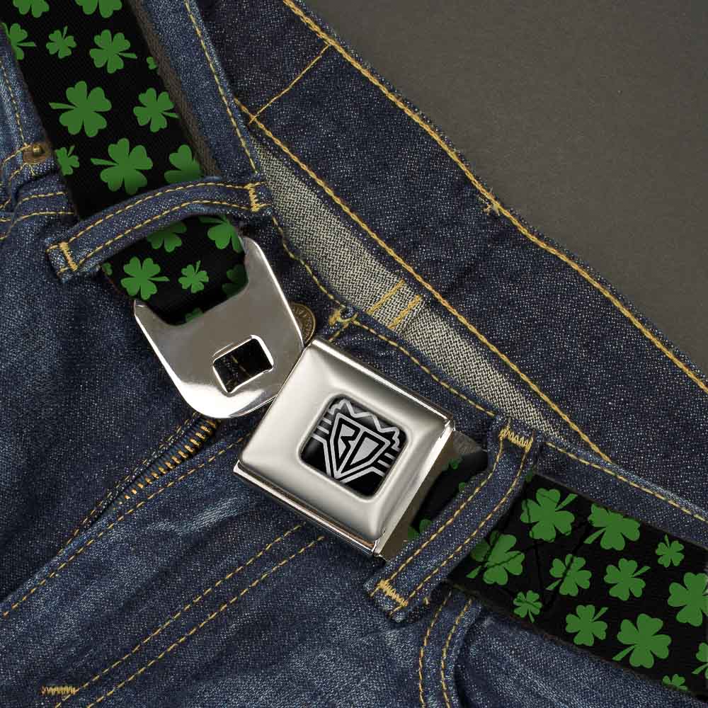 BD Wings Logo CLOSE-UP Full Color Black Silver Seatbelt Belt - St. Pat's Clovers Scattered Black/Green Webbing Seatbelt Belts Buckle-Down