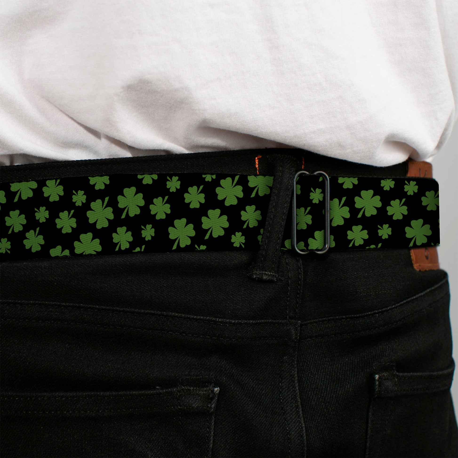 BD Wings Logo CLOSE-UP Full Color Black Silver Seatbelt Belt - St. Pat's Clovers Scattered Black/Green Webbing Seatbelt Belts Buckle-Down