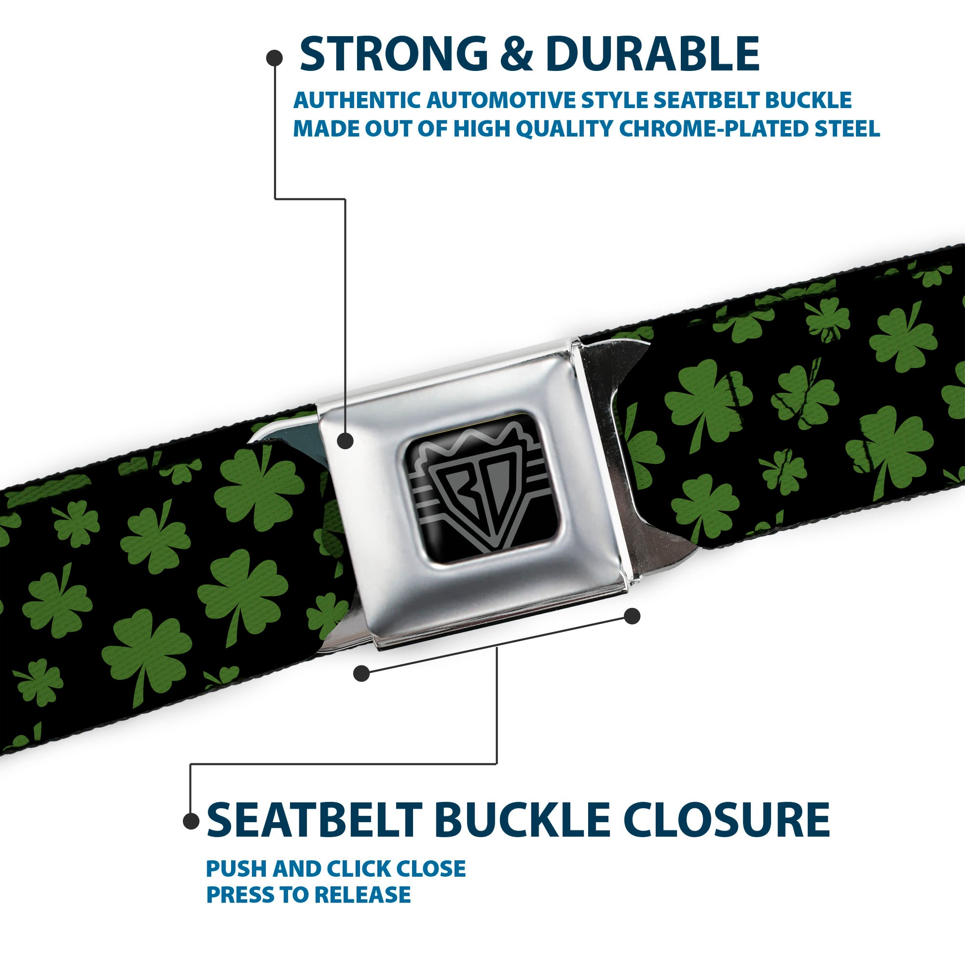 BD Wings Logo CLOSE-UP Full Color Black Silver Seatbelt Belt - St. Pat's Clovers Scattered Black/Green Webbing Seatbelt Belts Buckle-Down
