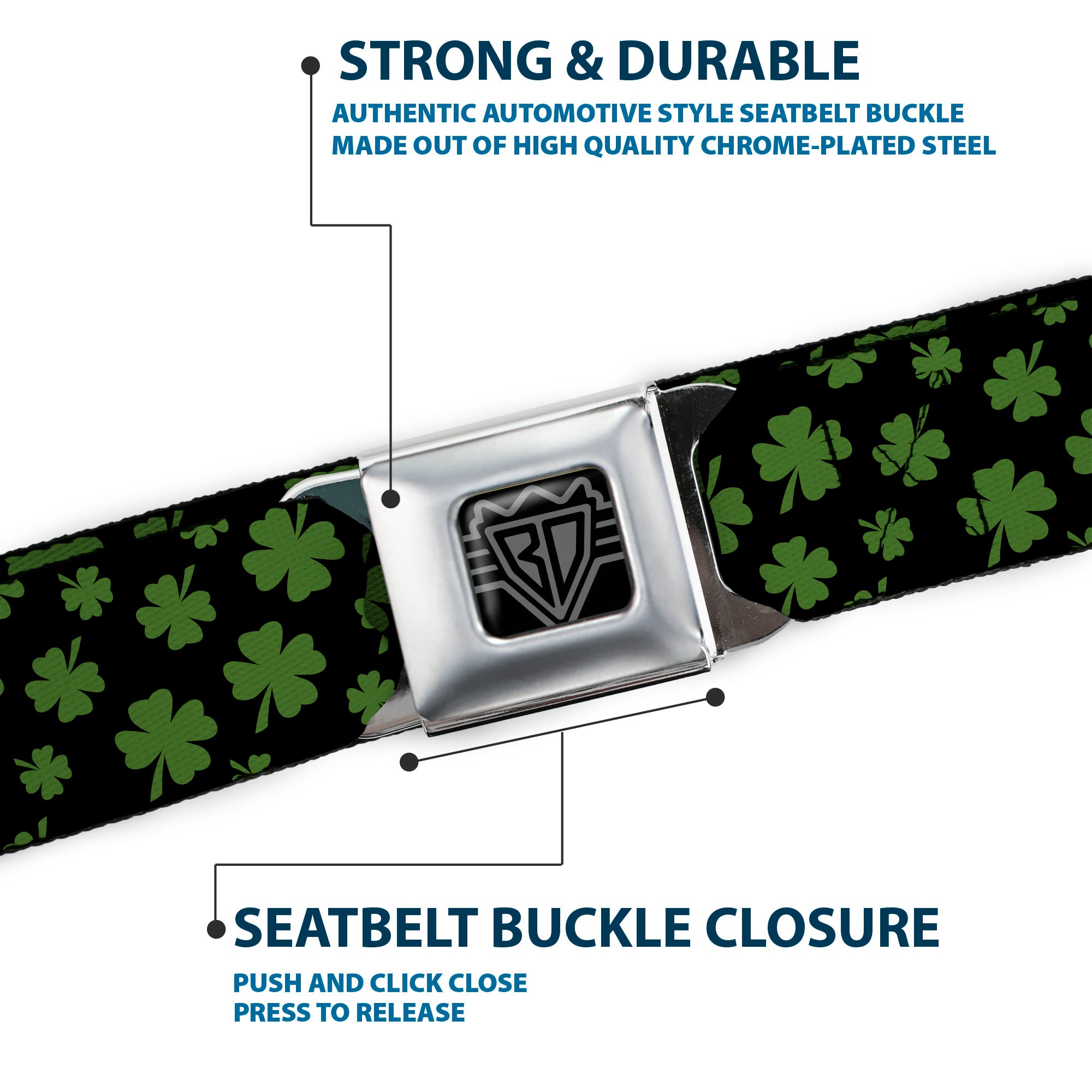 BD Wings Logo CLOSE-UP Full Color Black Silver Seatbelt Belt - St. Pat's Clovers Scattered Black/Green Webbing Seatbelt Belts Buckle-Down