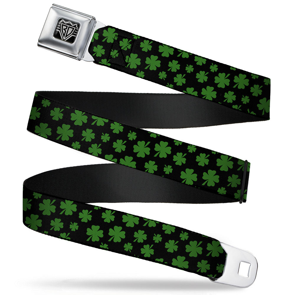 BD Wings Logo CLOSE-UP Full Color Black Silver Seatbelt Belt - St. Pat's Clovers Scattered Black/Green Webbing Seatbelt Belts Buckle-Down