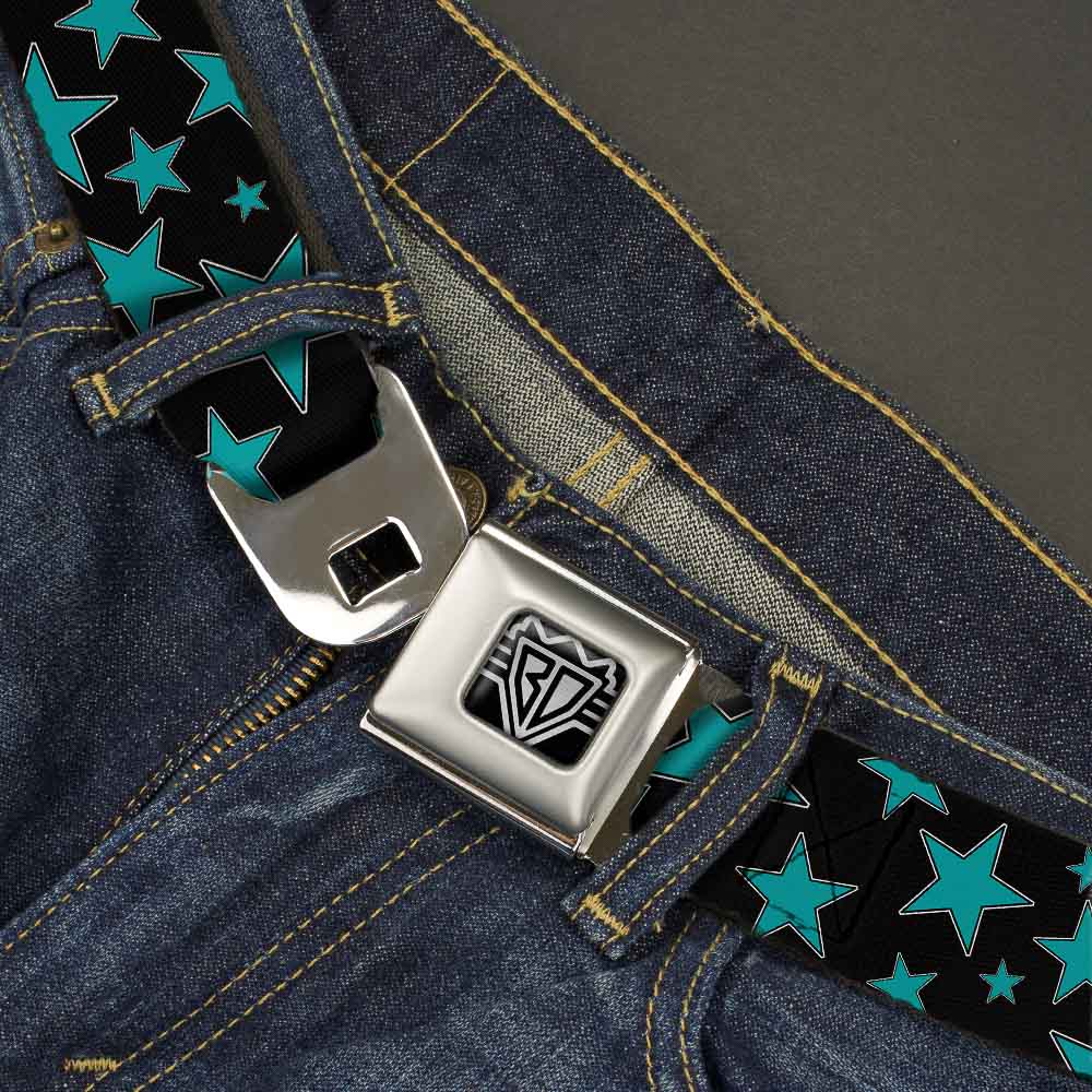 BD Wings Logo CLOSE-UP Full Color Black Silver Seatbelt Belt - Stars/Multi Stars Black/Turquoise Webbing Seatbelt Belts Buckle-Down