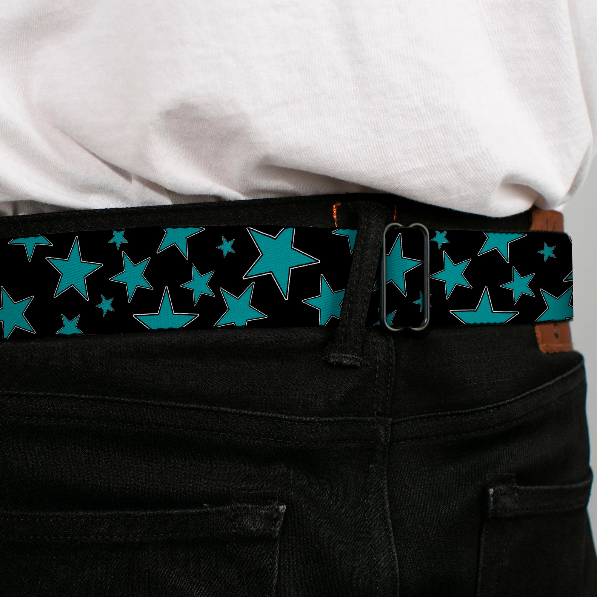 BD Wings Logo CLOSE-UP Full Color Black Silver Seatbelt Belt - Stars/Multi Stars Black/Turquoise Webbing Seatbelt Belts Buckle-Down