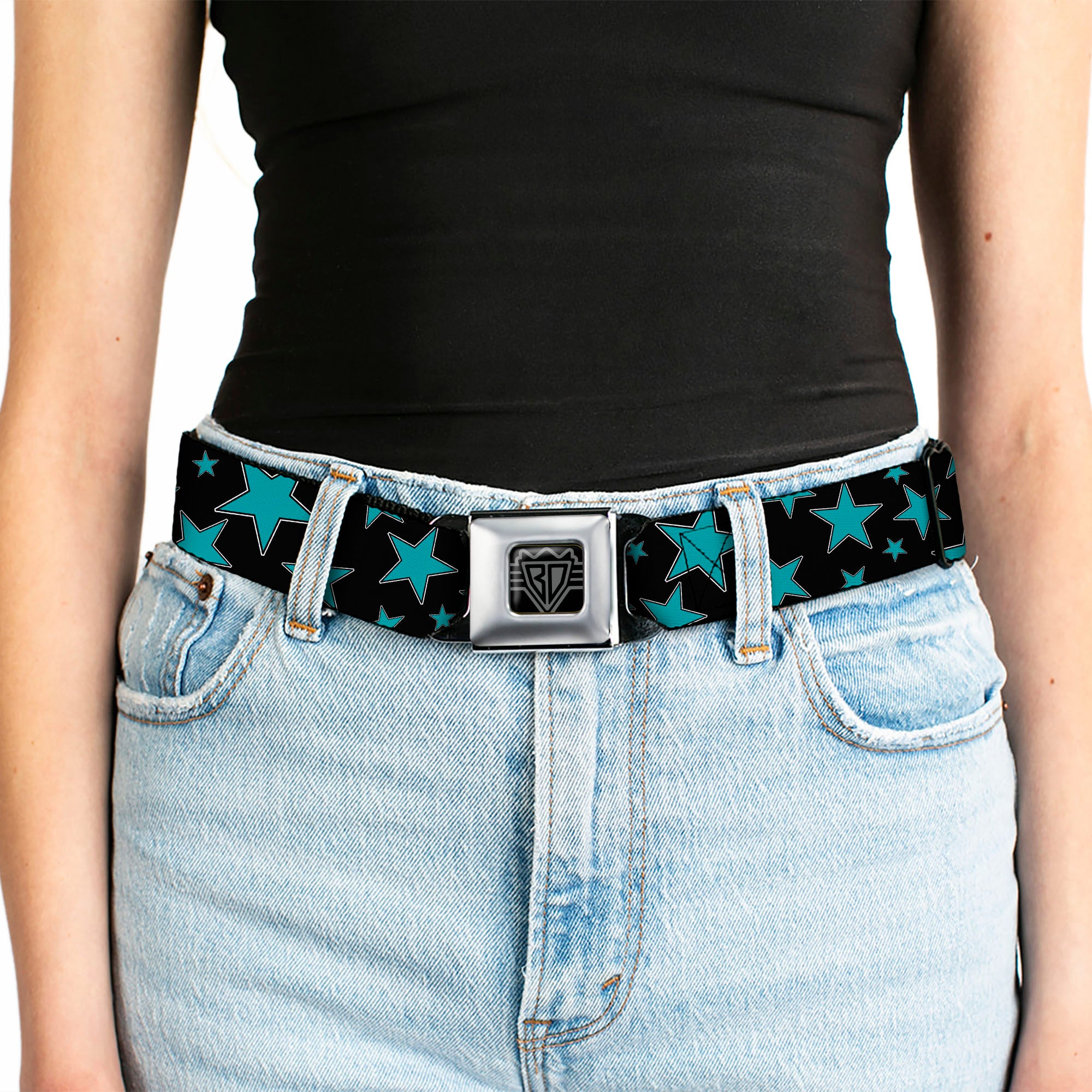BD Wings Logo CLOSE-UP Full Color Black Silver Seatbelt Belt - Stars/Multi Stars Black/Turquoise Webbing Seatbelt Belts Buckle-Down