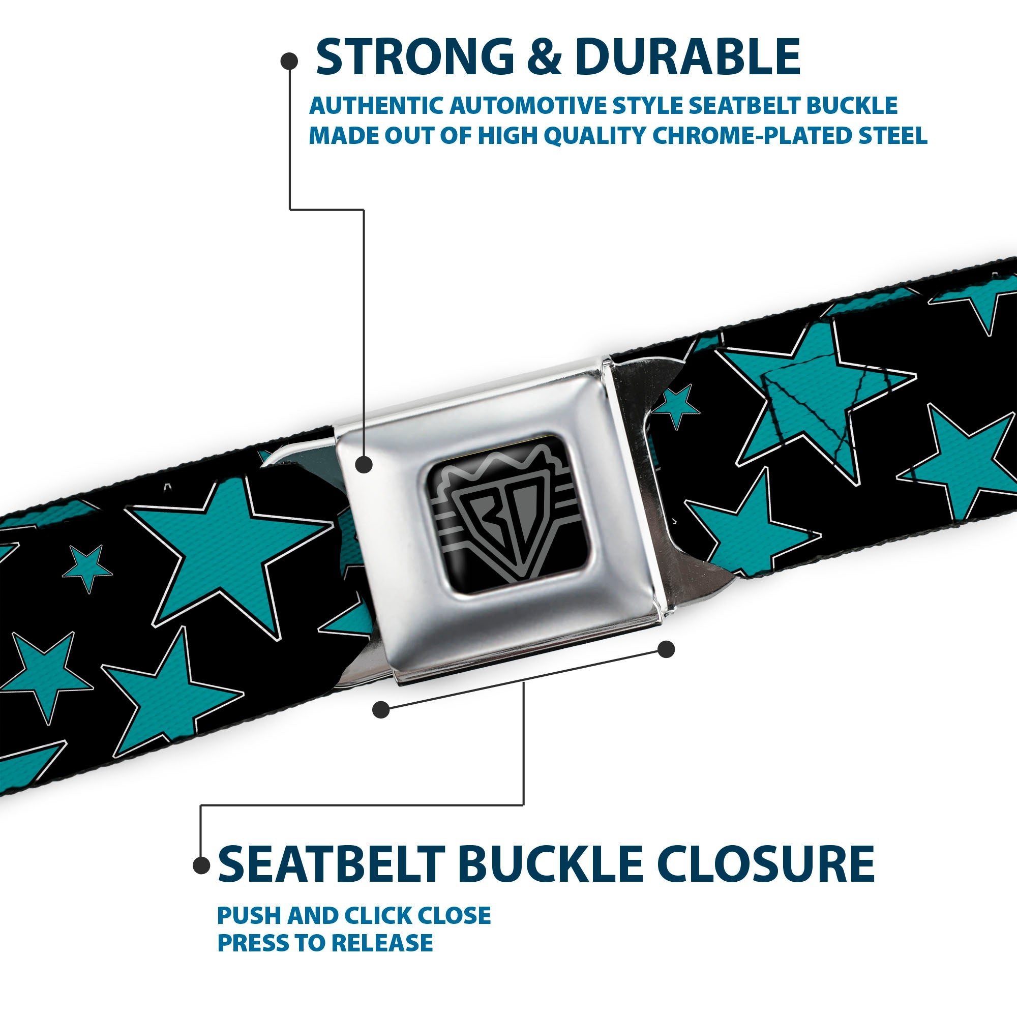 BD Wings Logo CLOSE-UP Full Color Black Silver Seatbelt Belt - Stars/Multi Stars Black/Turquoise Webbing Seatbelt Belts Buckle-Down