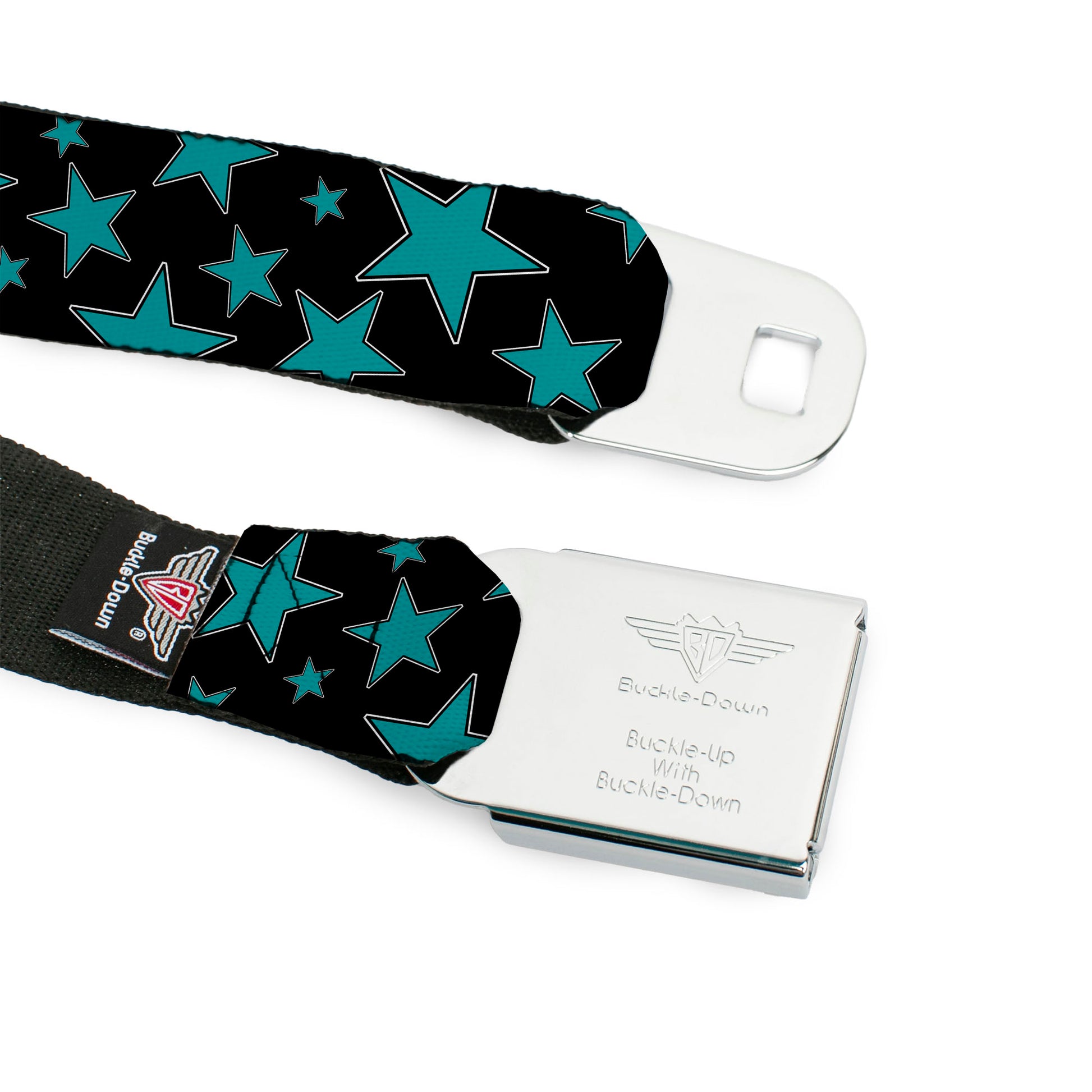 BD Wings Logo CLOSE-UP Full Color Black Silver Seatbelt Belt - Stars/Multi Stars Black/Turquoise Webbing Seatbelt Belts Buckle-Down