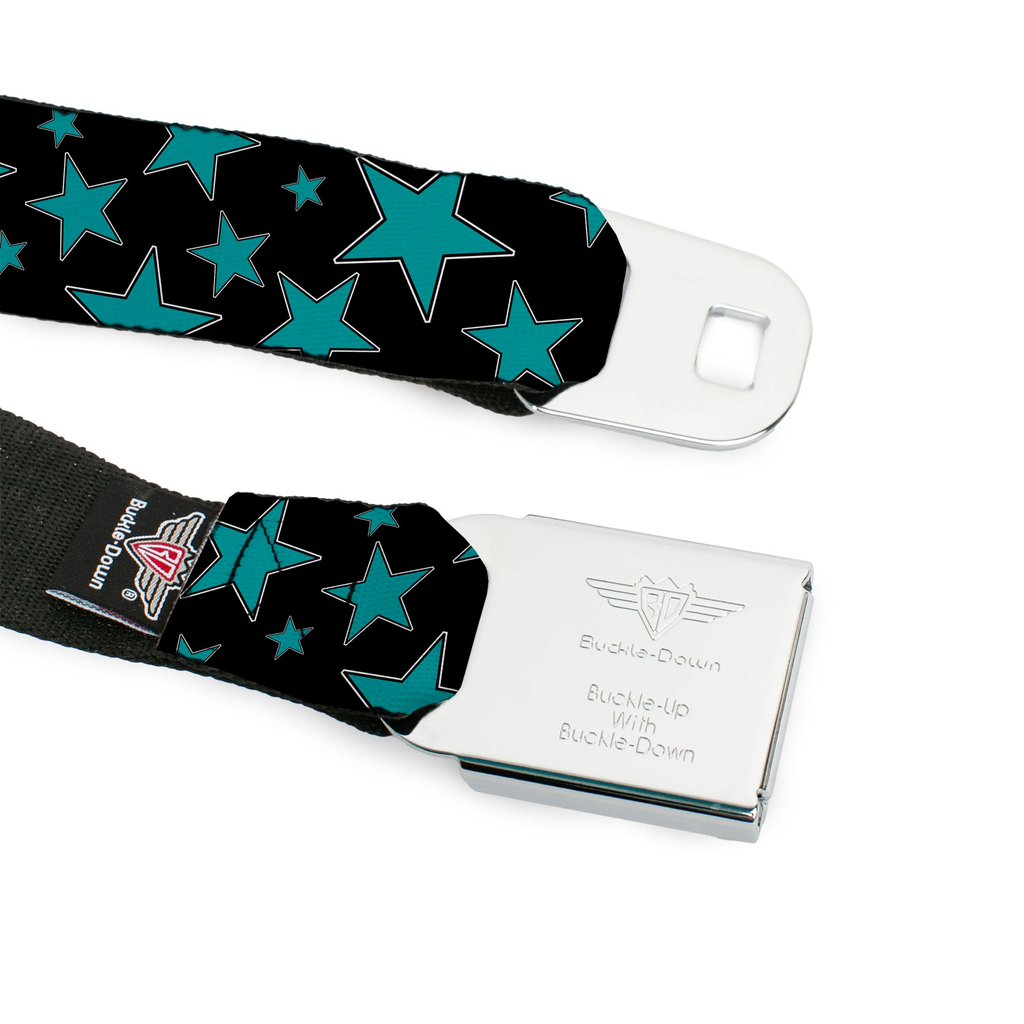 BD Wings Logo CLOSE-UP Full Color Black Silver Seatbelt Belt - Stars/Multi Stars Black/Turquoise Webbing Seatbelt Belts Buckle-Down